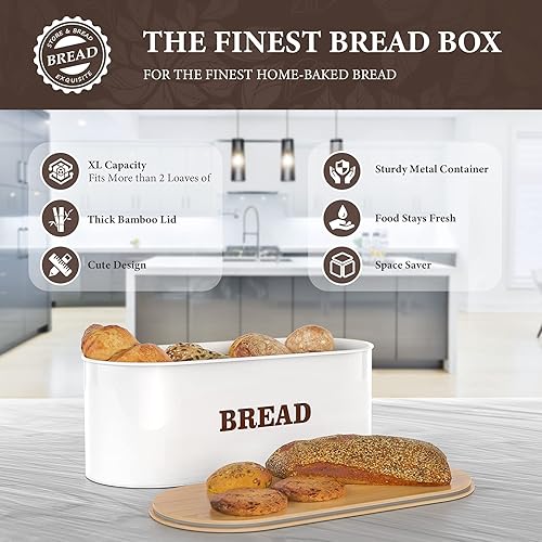 Miniatura 2 de Cabilock Panera para encimera de cocina, extra grande, de metal, con tapa de bambú, con capacidad para más de 2 panes de almacenamiento para