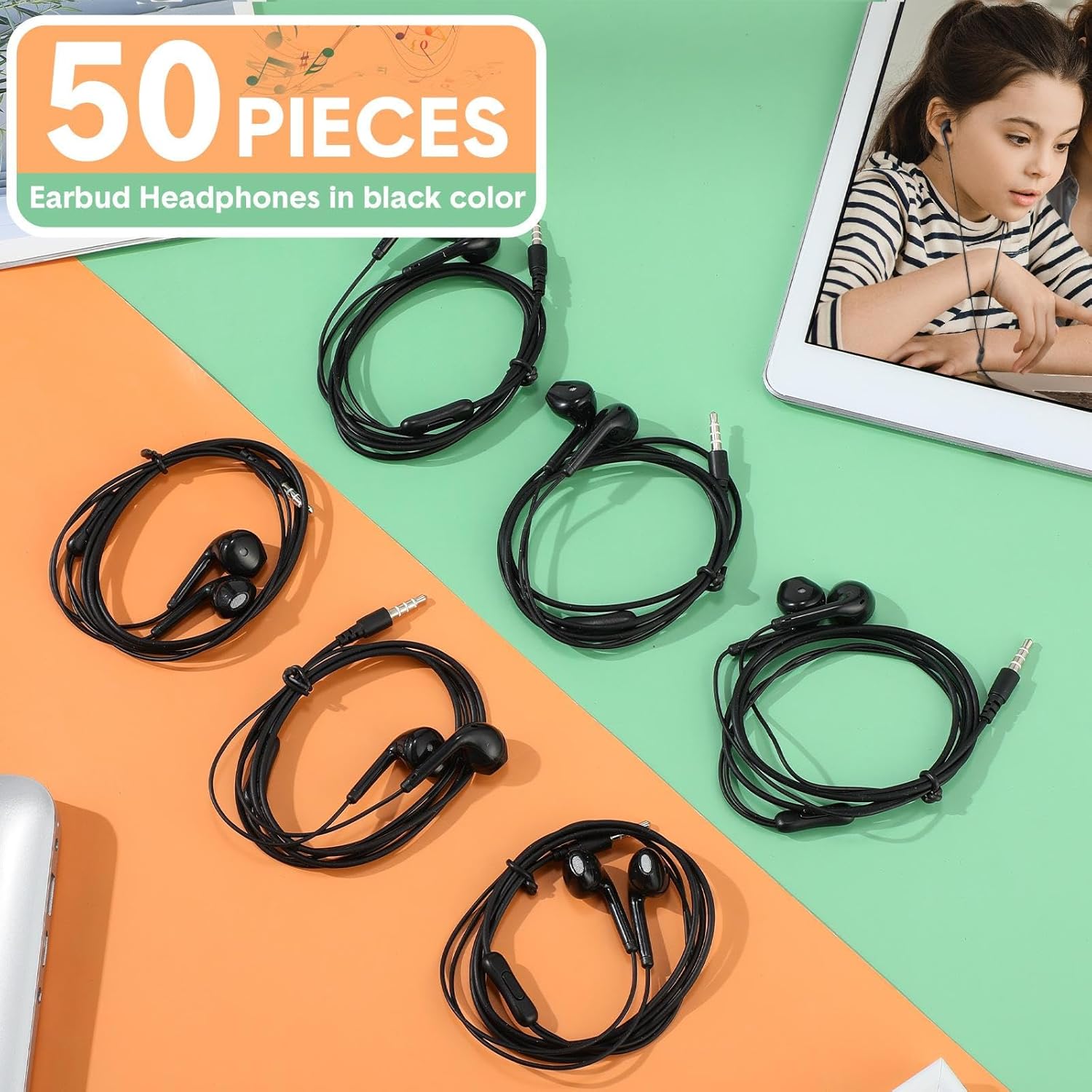 Xinnun 50 Pack Bulk Earbud Headphones with Mic Student in Ear Earbuds Classroom Wired Ear Buds with 3.5mm Headphone Plug for Adults School Library Museum Travel Plane Tablet(Simple,Black)