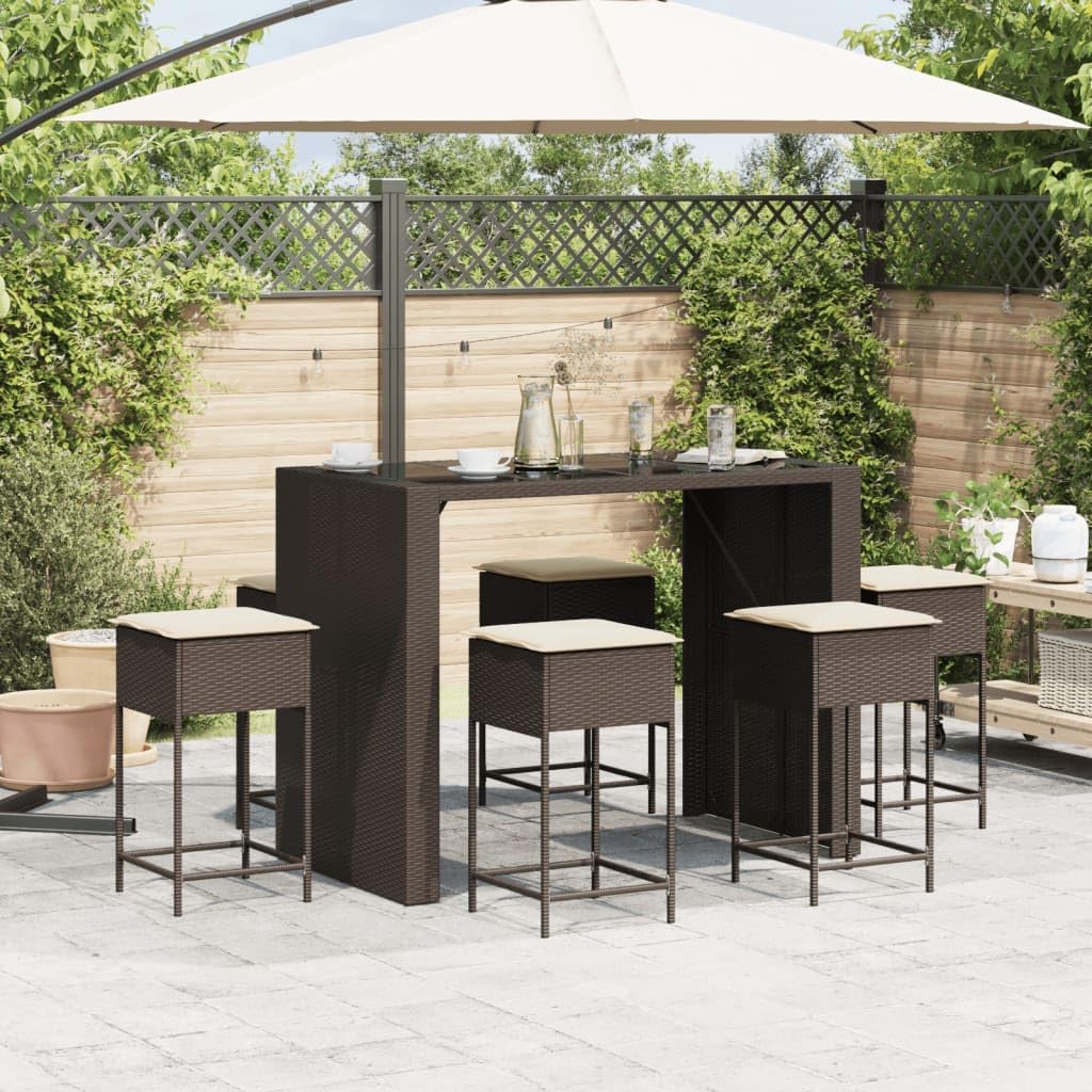 Juego de muebles de jardín de 7 piezas con cojín marrón de poliratán, incluye mesa y taburetes para terraza, balcón, jardín, salón o comedor