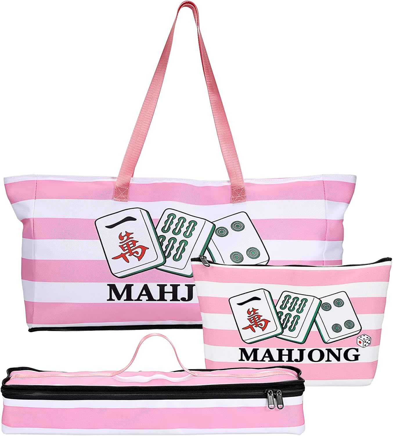 Empty Mahjong Bags Set of 3, Mahjong Carrying Storage Bag for Tiles and Racks, Fabric American Mahjong Accessories Organizer with Zippers, Portable Mahjong Tile Case for Game Party Gathering