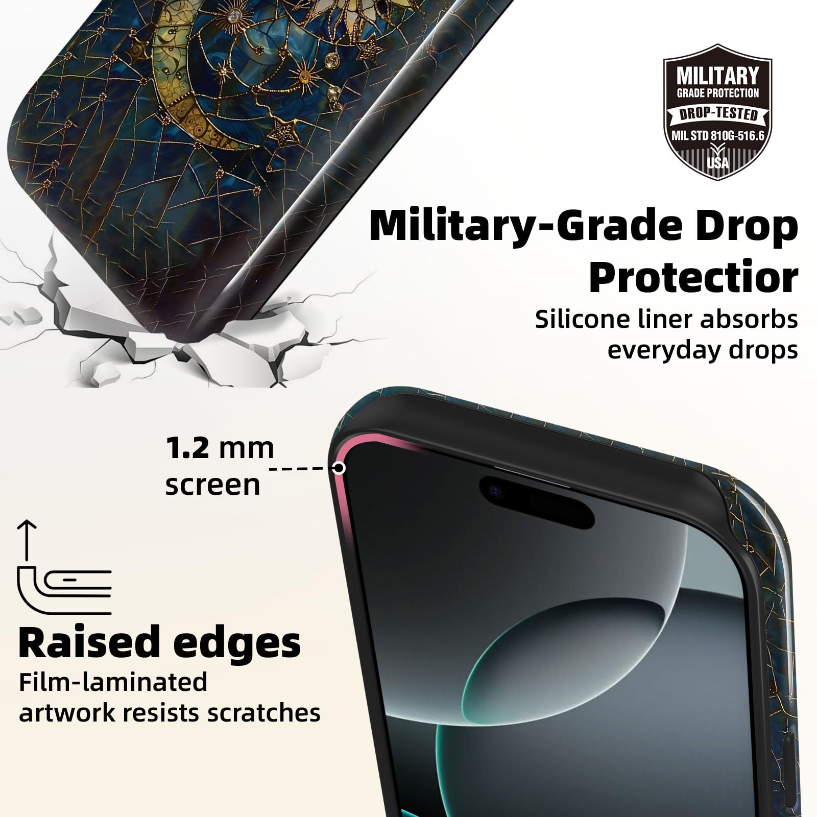 Lumen - Custodia per iPhone 17, compatibile con Magsafe, cover rigida con protezione per fotocamera, per donne, ragazze, adolescenti, con vetro colorato con sole e luna, oro blu navy, drammatica