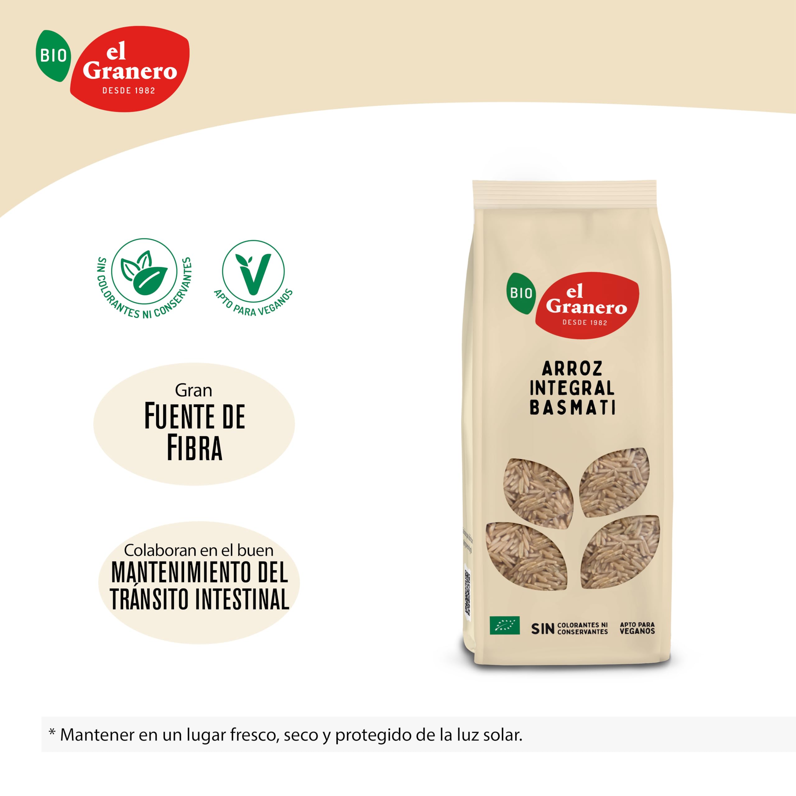 El Granero Integral - Arroz Integral Basmati Ecológico - Cultivo Ecológico - Aroma Suave y Textura Ligera - Ideal para Guarniciones y Platos Saludables - 500 g