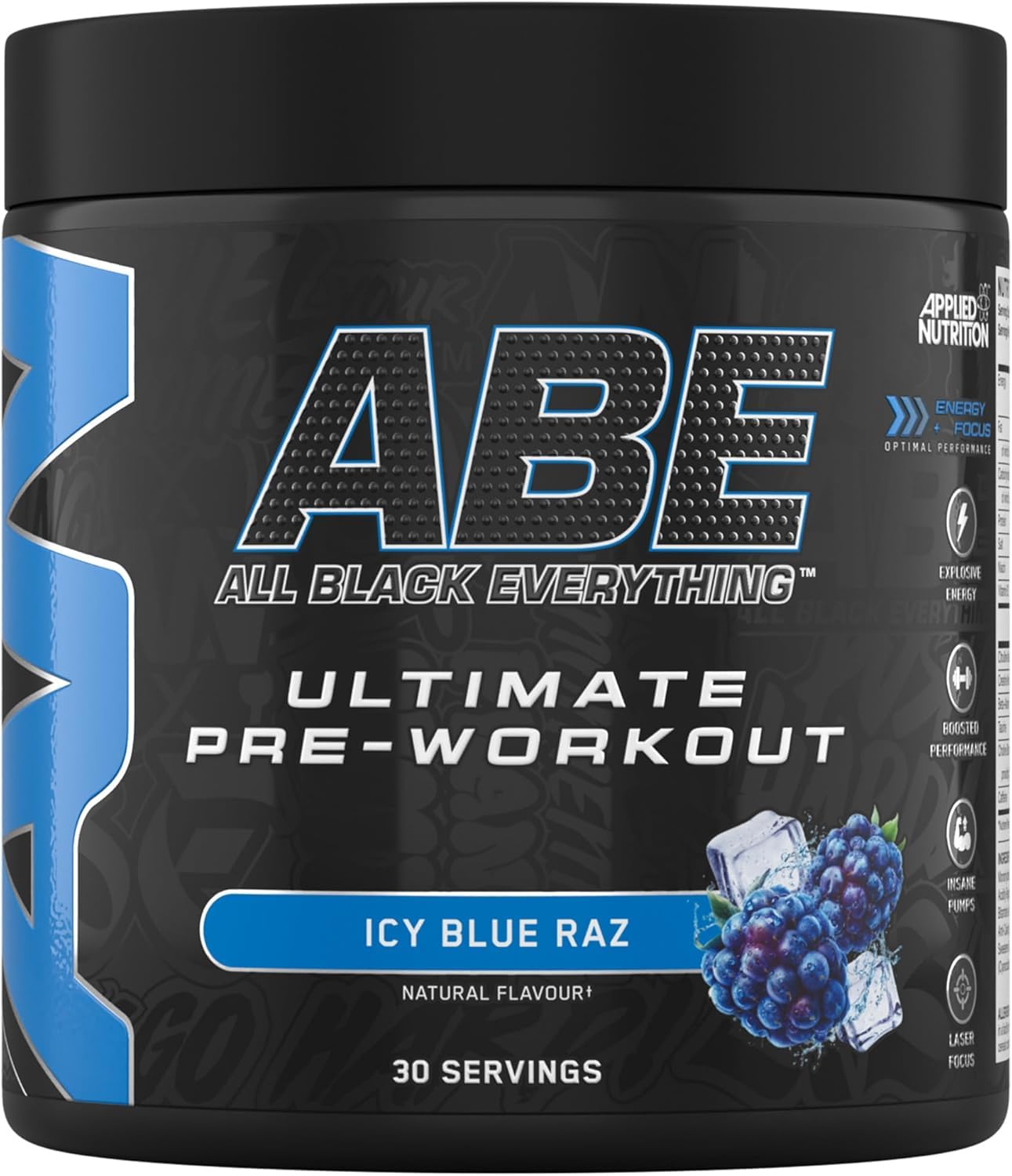 ABE Pre Workout - All Black Everything Pre Workout Powder, Energy & Physical Performance with Citrulline, Creatine, Beta Alanine (375g - 30 Servings) (ICY Blue Raz)