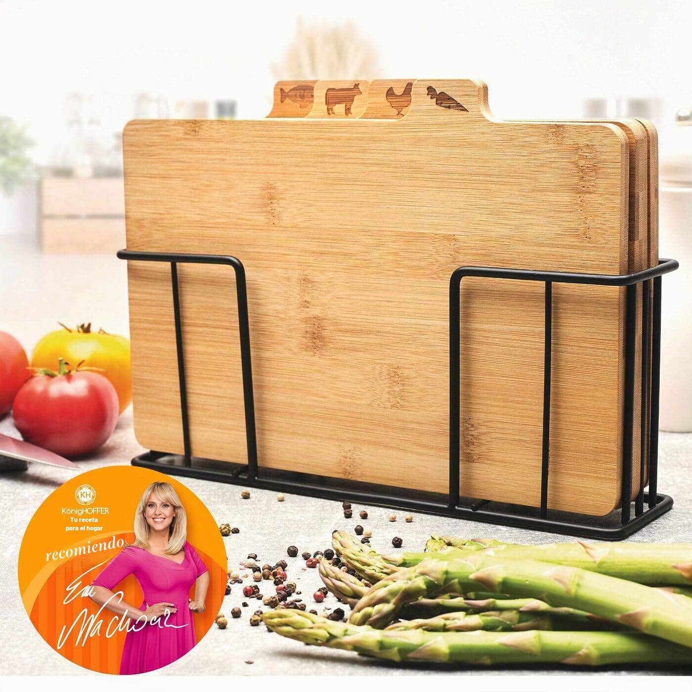 Juego de 4 tablas de cortar con soporte de cedro, un juego de tablas de cocina de bambú en un soporte de metal negro, tabla de cortar