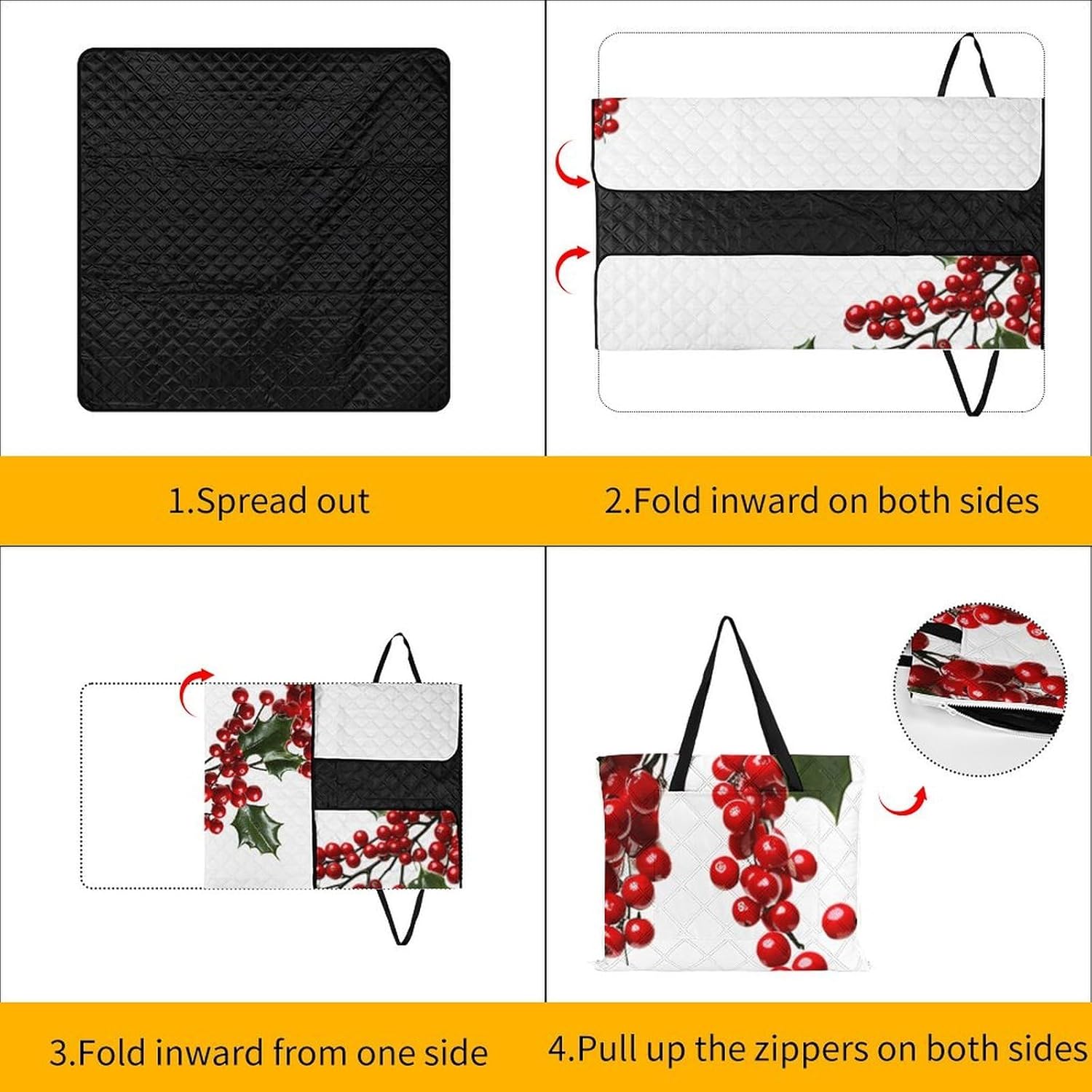 Holly Berry Branches Picnic Blanket with Zipper Water Resistant Sand Free Picnic Mat Washable Foldable Easy Carry Beach Blanket for Lawn Beach Hiking Camping