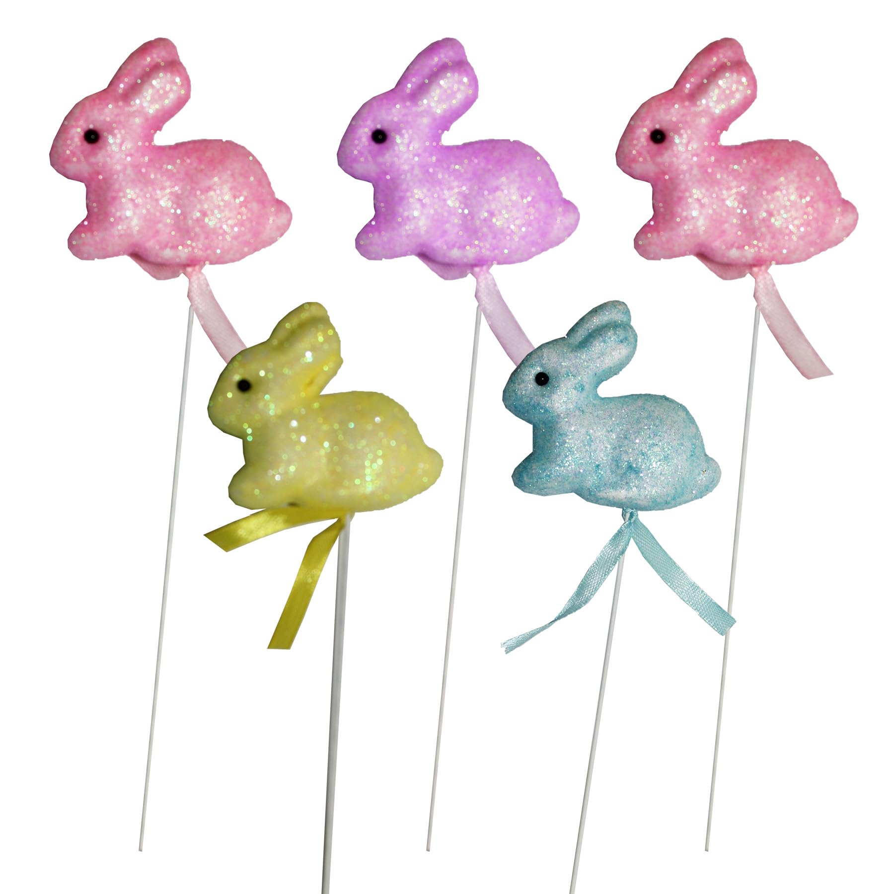 Widdle Gifts Glitter Easter Bunny Picks Pack of 5 15cm Decorations, Garden Picks, Egg Hunt 9307