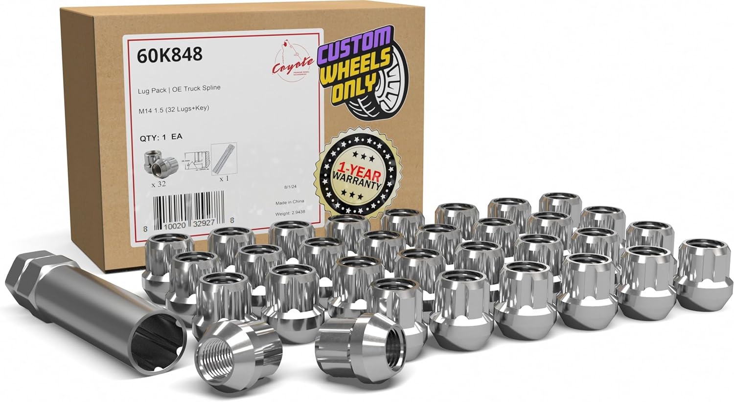 Wheel Accessories Parts 32 PCS M14x1.5 Thread OE Acorn 25mm 1.00" Long Spline Lug Nuts Chrome Truck Spline Fits Silverado Sierra 2500 3500 Ford F250 F350 RAM 2500 3500