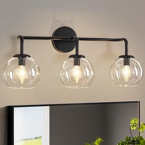 3-Light Industrial Vanity Light Fixture, Matte Black Farmhouse Globe Glass