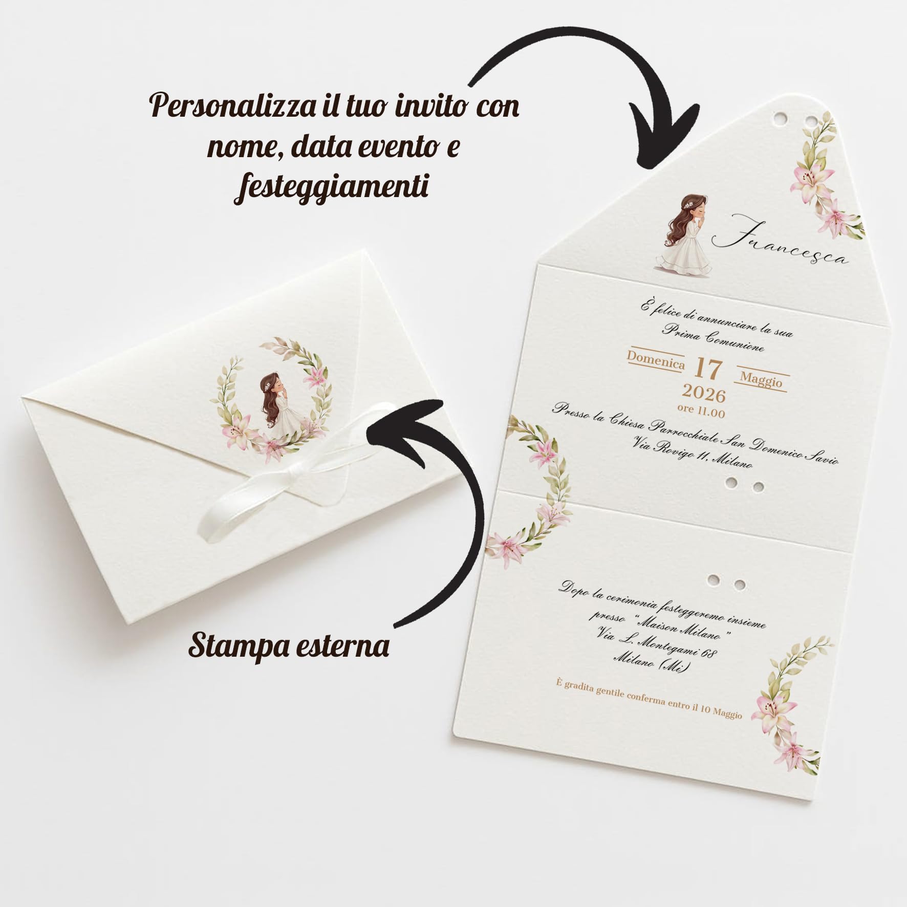 PV Grafik® 15 Inviti Prima Comunione Bambina Personalizzati, Busta con Nastrino, Partecipazione Comunione Bimba, Formato 15x28 cm, Personalizza e scegli la quantità. (C15)