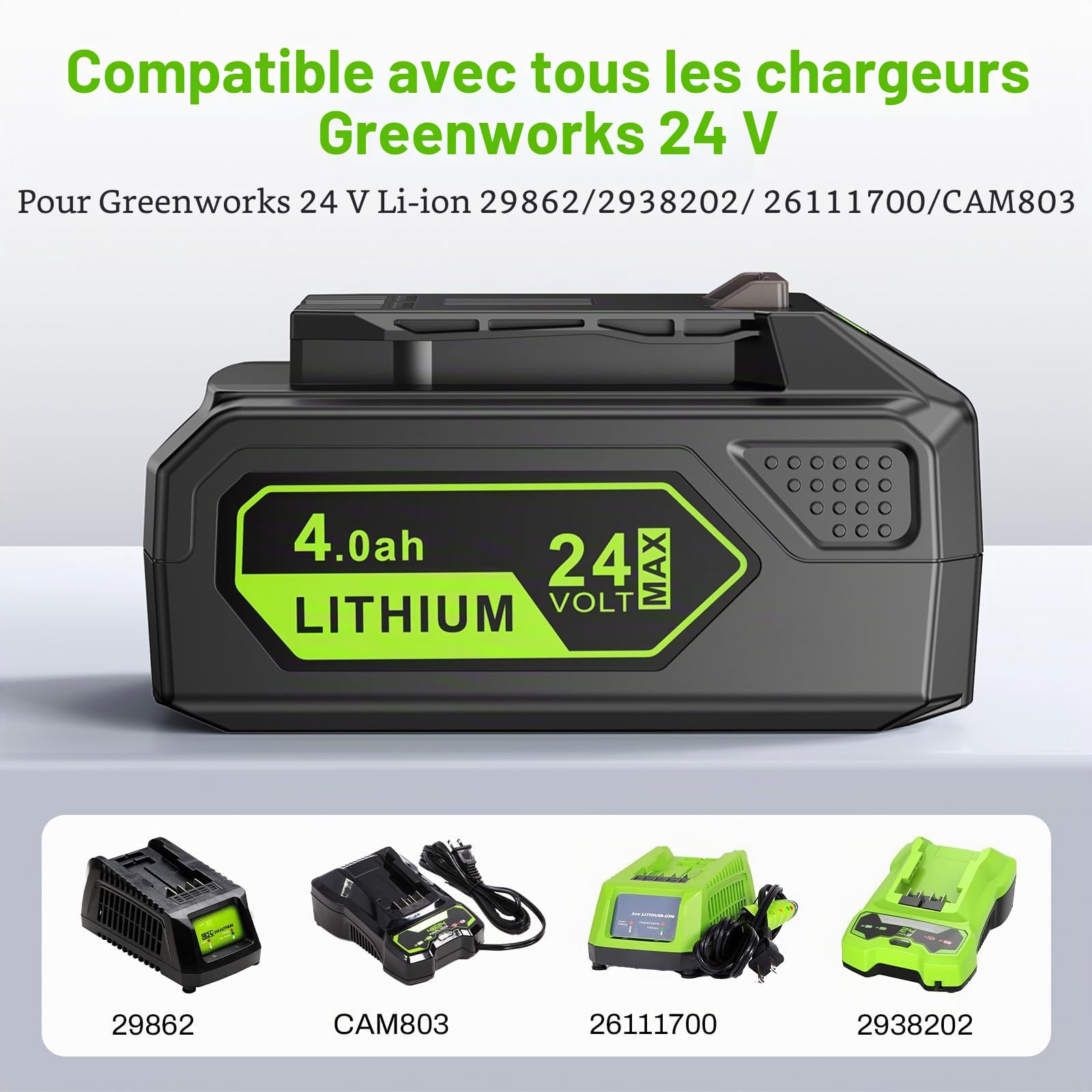 ASUNCELL Batterie de rechange 4 Ah 24 V pour Greenworks, batterie Li-Ion compatible avec Greenworks 24 V 29842 29852 BAG708 BAG711 20352 22232 2508302