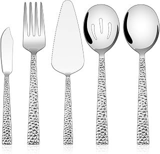 E-far Hammered 5-Piece Stainless Steel Serving Utensils Set - Slotted Spoon, Spoon, Fork, Pie Server, Butter Knife, Dishwasher Safe