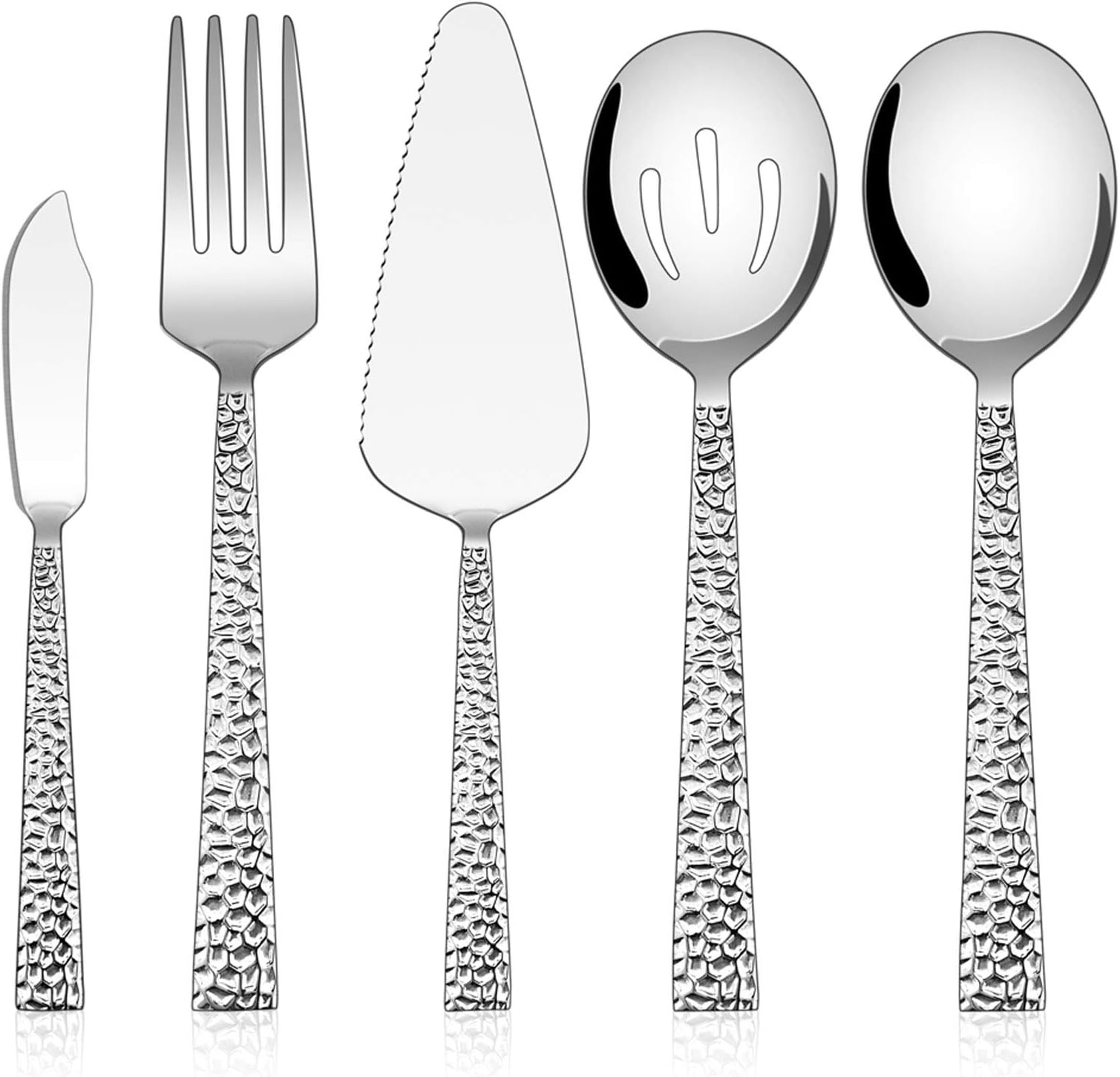 E-far Hammered Serving Utensils, 5-Piece Stainless Steel Square Hostess Serving Set for Buffet Party Kitchen Restaurant, Mirror Finished & Dishwasher Safe