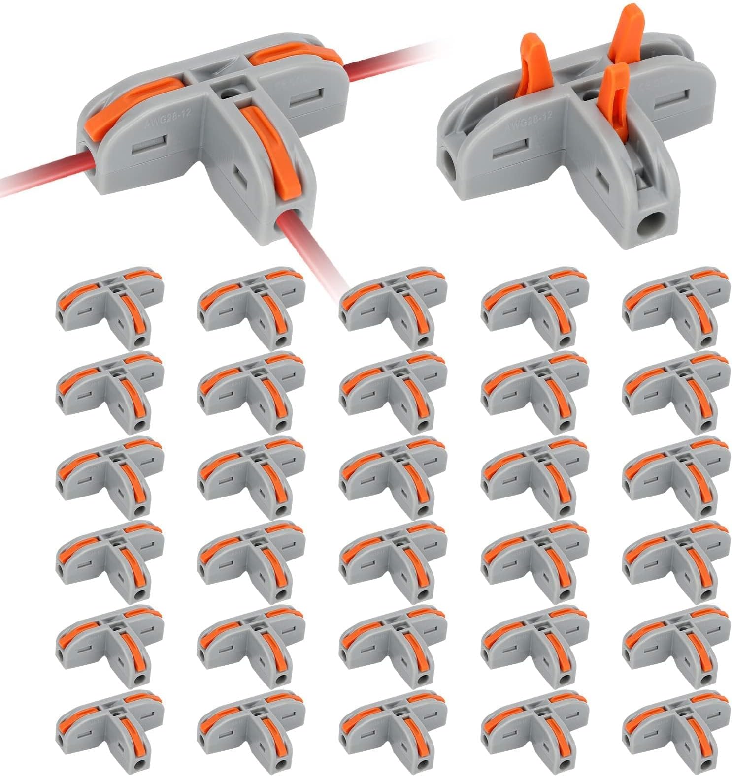 EEEKit 30pcs Compact Wire Conductor Connector, T-Shape Lever Nut Wire Connector, Quick Splitter 3-Port Electrical Connectors Blocks for AWG 28-12