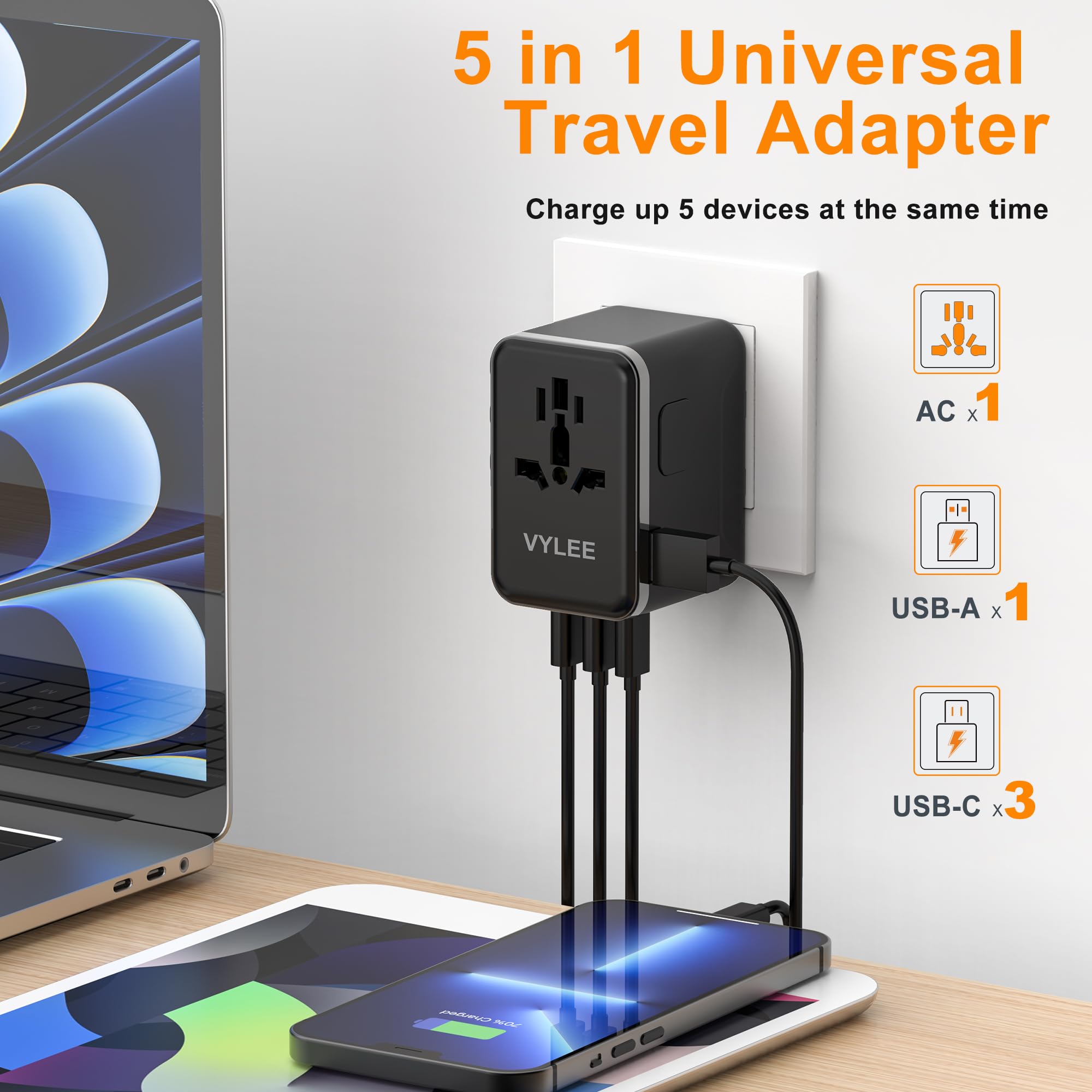 Universal Travel Adapter VYLEE 70W International Plug Adapter with PD Fast Charging 5-Port 1 AC 1 USB-A 3 — view 2
