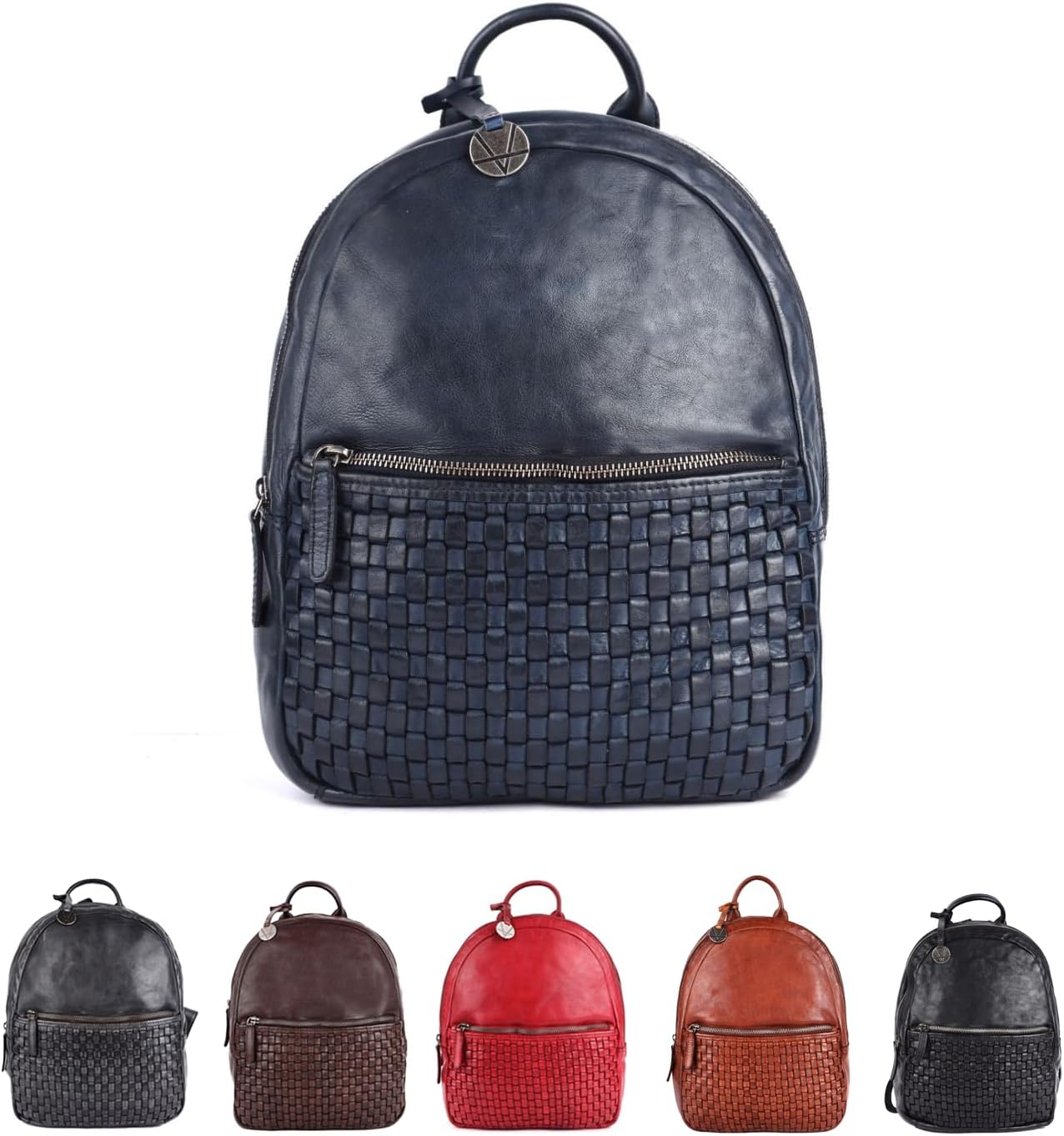 Genuine Leather Backpack for Men, Casual Backpack for Women Office Bag with Adjustable Shoulder Strap (VL-054-NAVY)