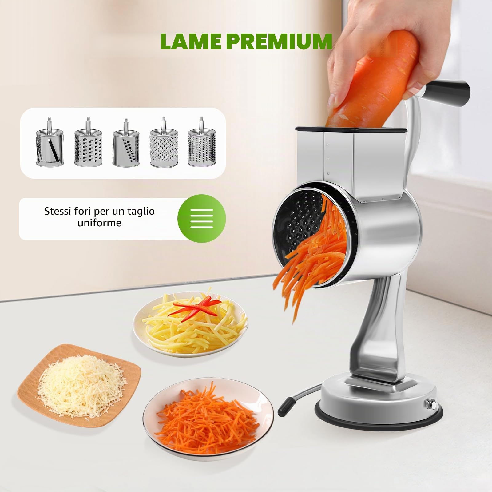 Grattugia a tamburo in acciaio inox, per patate, con 5 tamburi, ideale per cetrioli, formaggi e noci, carote