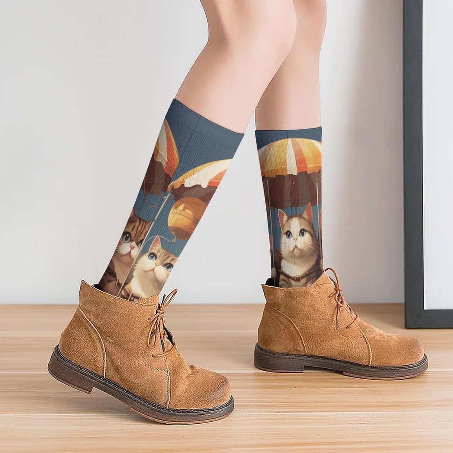 Breathable Crew Sock, Moisture Wicking, Athletic Calf Socks, Cozy | Cat And Hot Air Balloon Compression Socks for Women Men, Lightweight High Work Socks for Business, Casual