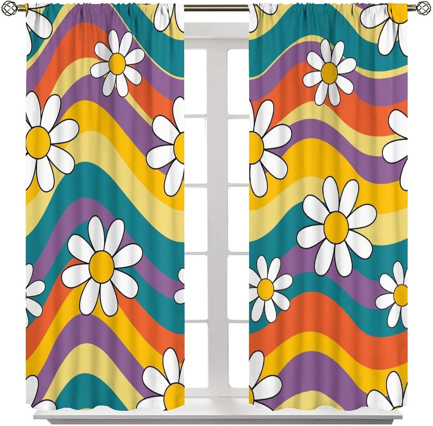 70s Retro Floral Window Curtains for Kids,Cute Cartoon White Chrysanthemum Flower Blackout Drapes,Boho Hippie Rainbow Vintage Colored Wave Abstract Print for Home Living Room 63x72in