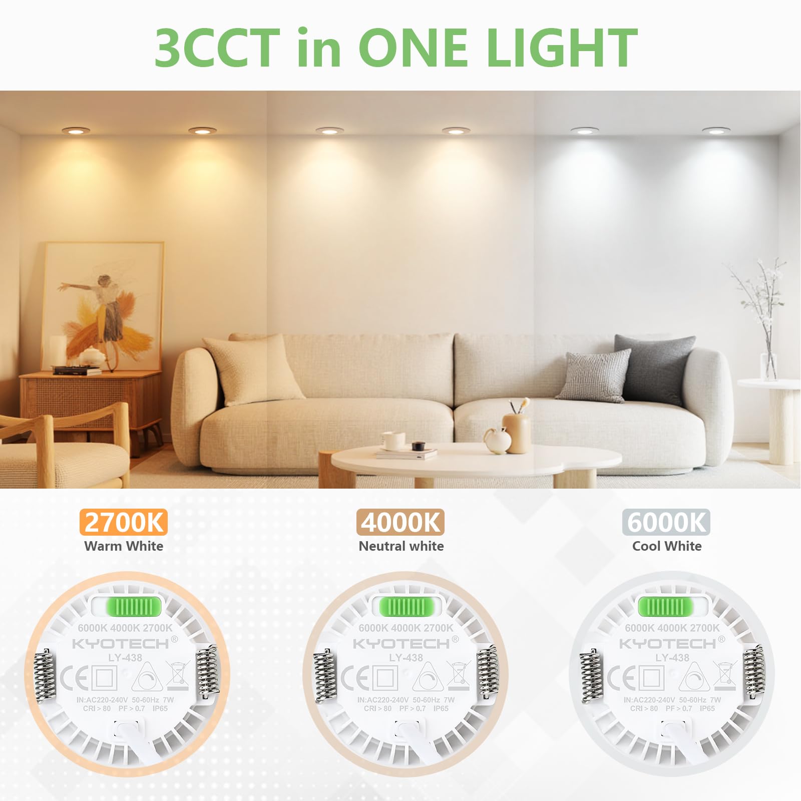 KYOTECH Reflektor LED 230 V z możliwością ściemniania 60–75 mm, reflektor LED 7 W 770 lm, bardzo płaski, reflektor sufitowy 2700 K/4000K/6000K, oświetlenie wpuszczane IP65 do łazienki Balkon do salonu