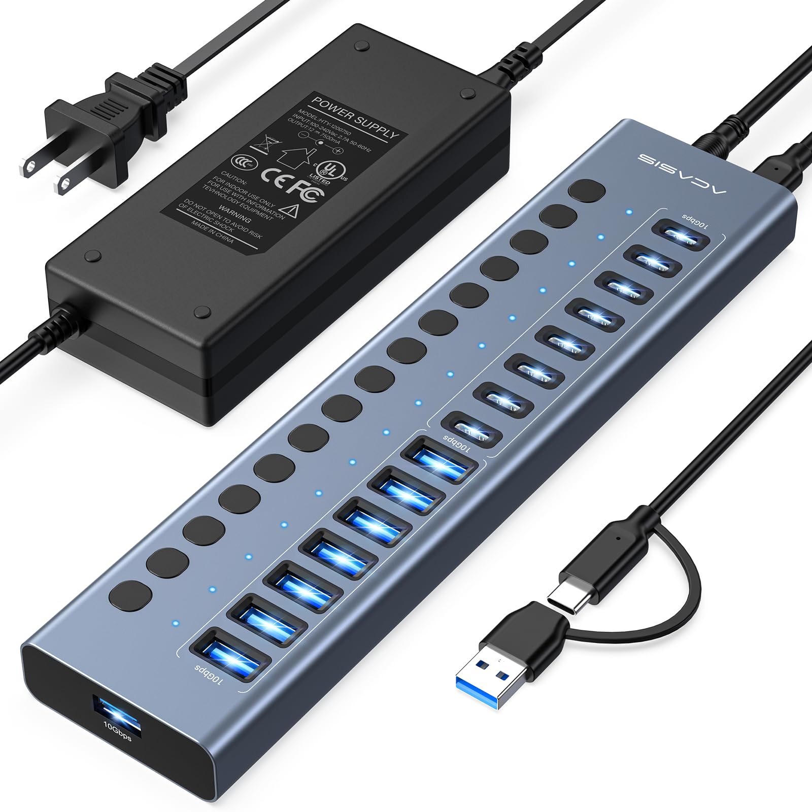 Powered USB 3.2 Hub, ACASIS 16 Ports USB 3.2 Hub(8 USB-A 3.2 Ports+8 USB-C 3.2 Ports), Aluminum USB Hub Powered with 96W Power Adapter, USB Hub for PC
