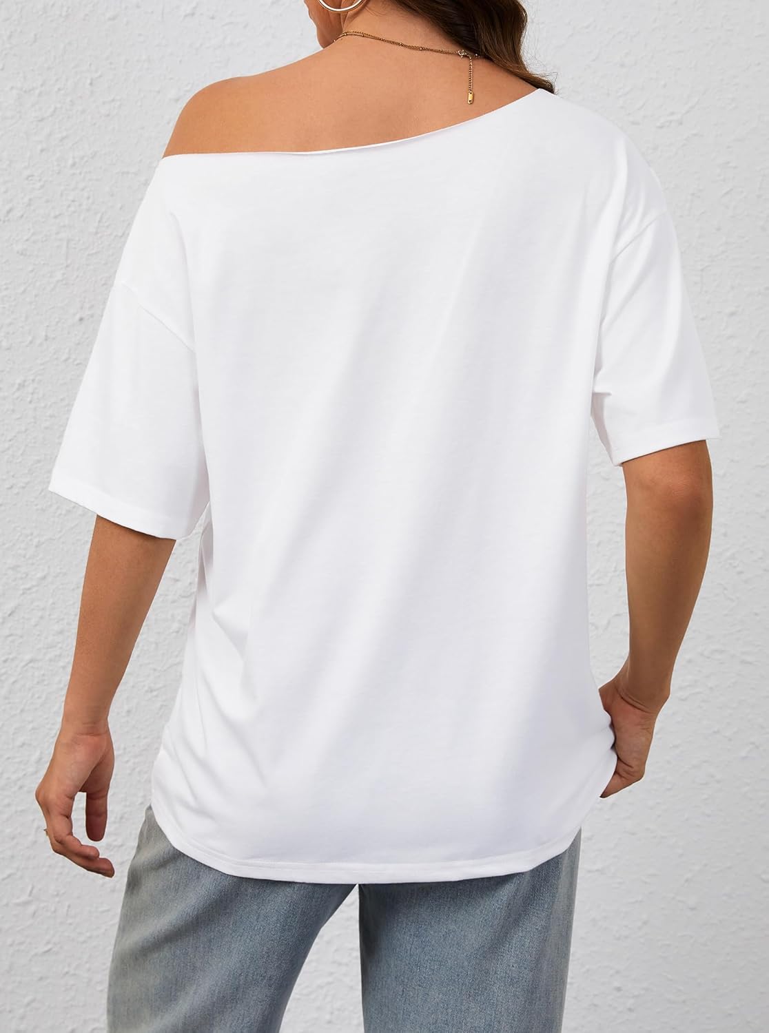 LilyCoco Womens Off The Shoulder Graphic Tees Casual Short Sleeve Asymmetrical Top - Image 2