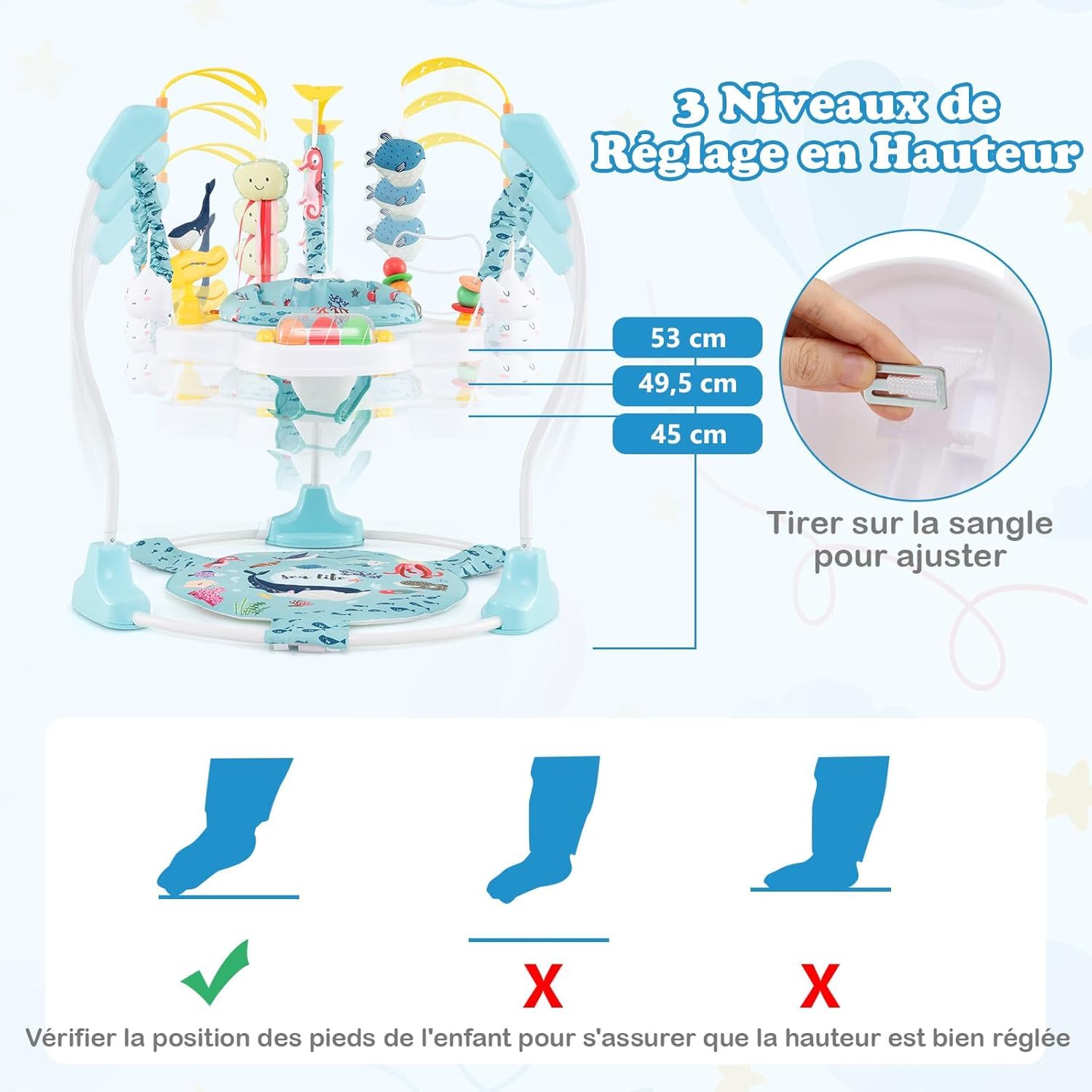 DREAMADE Jumperoo Jungle Bébé avec Siège Pivotant 360°&Amovible,Aire d'Éveil à Rebonds Animaux avec 3 Hauteurs& 9 Jouets&Musique&Lumière,Jouet Enfants 6Mois+ (Bleu+Océan)