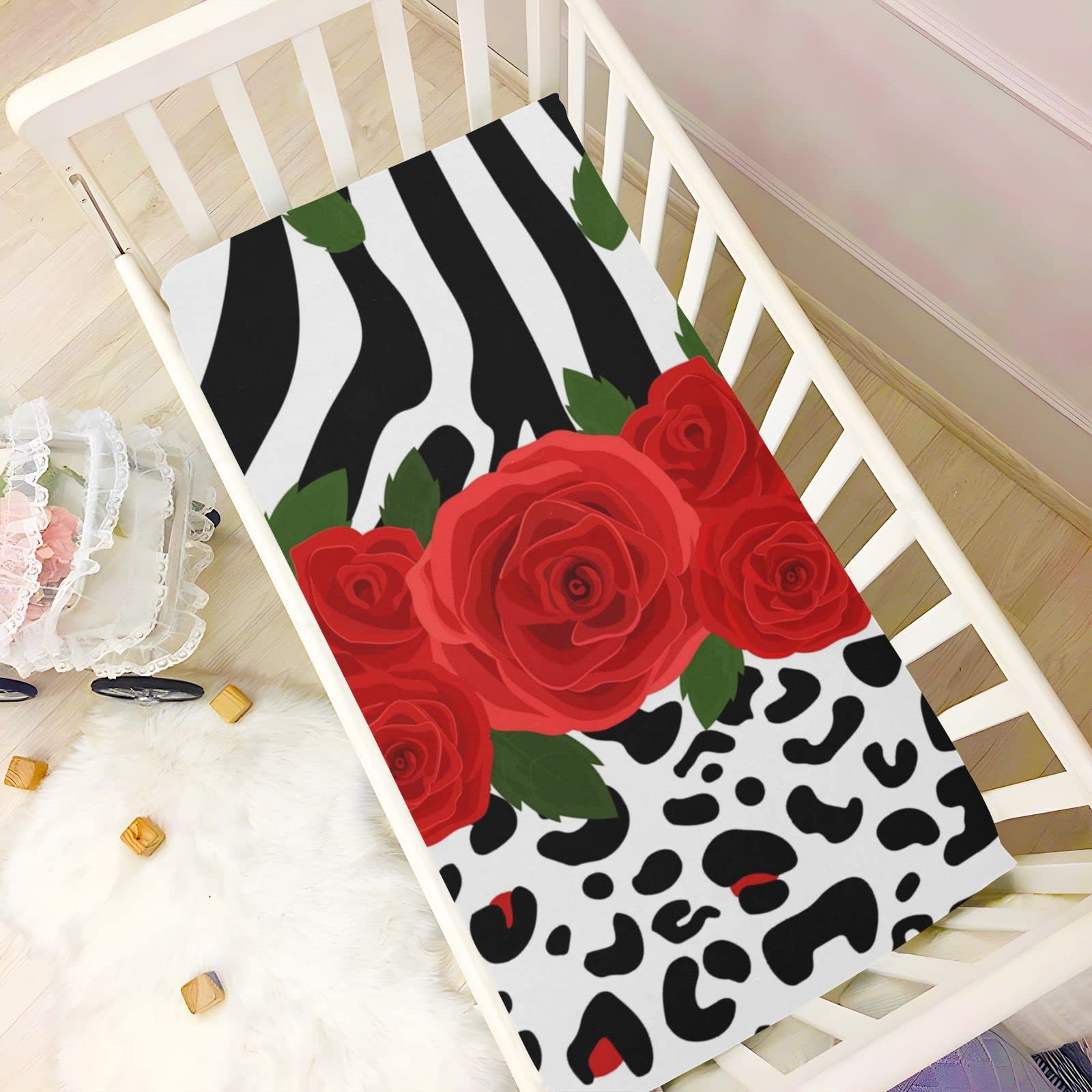 Spannbettlaken für Kinderbett, Zebra-Leopardenmuster, rote Rose, weich, atmungsaktiv, pflegeleicht, Spannbetttuch für Babybett und Kinderbetten