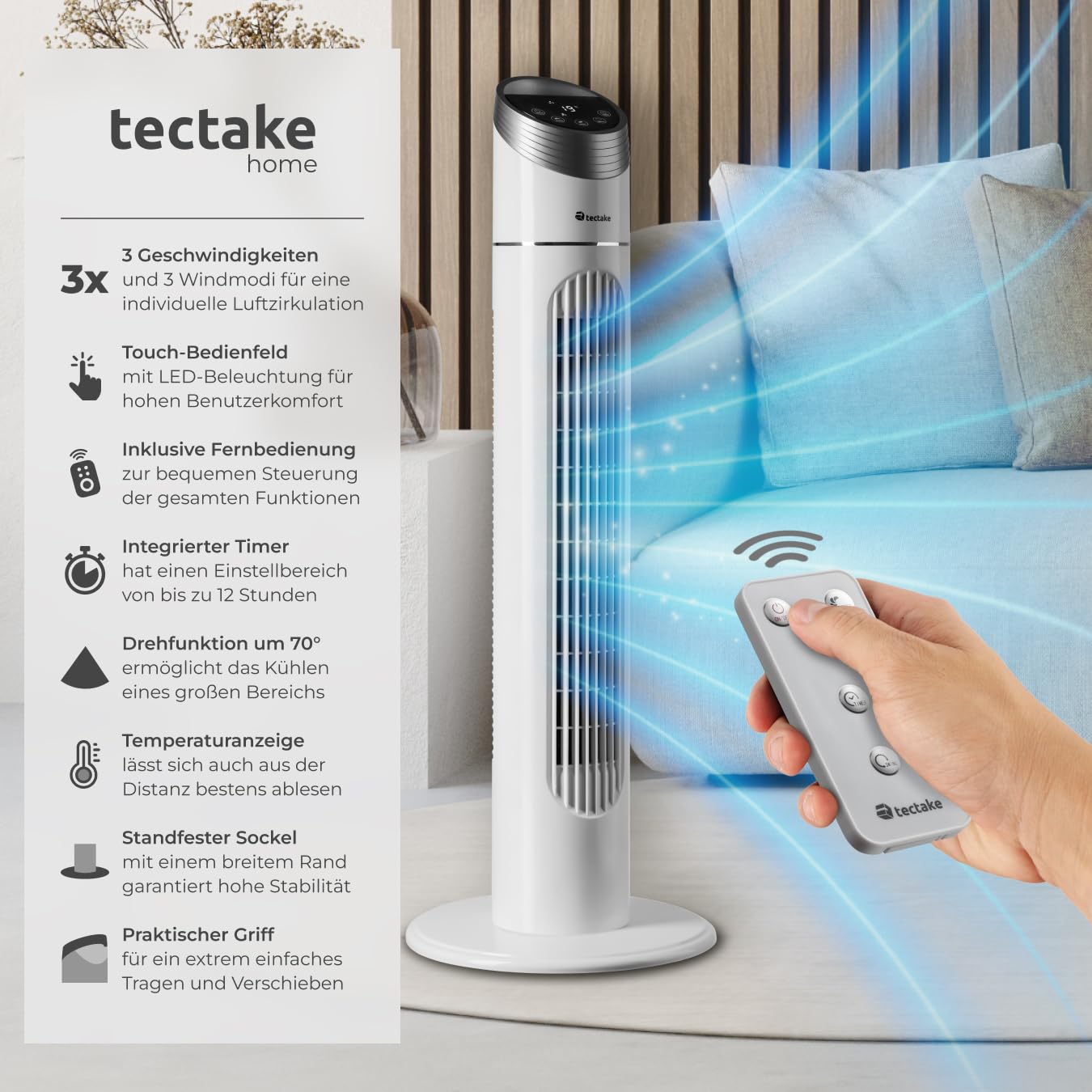 tectake® Turmventilator mit Touch-Bedienfeld mit LED-Beleuchtung & Temperaturanzeige, 3 Geschwindigkeitsstufen, 3 Windmodi, 70° Drehung, einstellbarer Timer, Fernbedienung & Transportgriff - 90cm