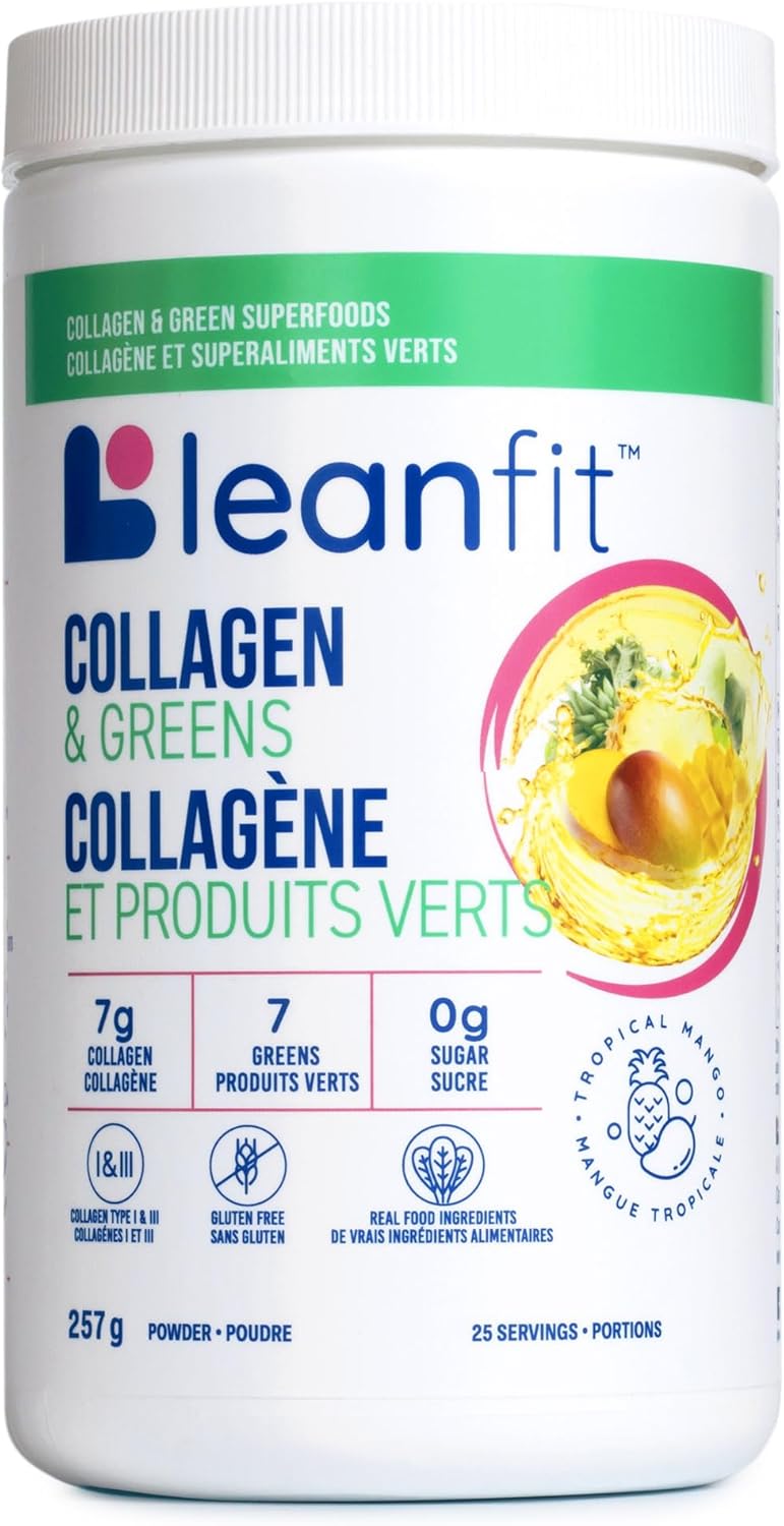 LEANFIT COLLAGEN & GREENS, Tropical Mango – 7g Grass-Fed Bovine Collagen (Type I, III) + 2 Seaweeds + 5 Leafy Greens Per Serving – 25 Servings, 257g Tub LEANFIT COLLAGEN & GREENS, Tropical Mango – 7g Grass-Fed Bovine Collagen (Type I, III) + 2 Seaweeds + 5 Leafy Greens Per Serving – 25 Servings, 257g Tub