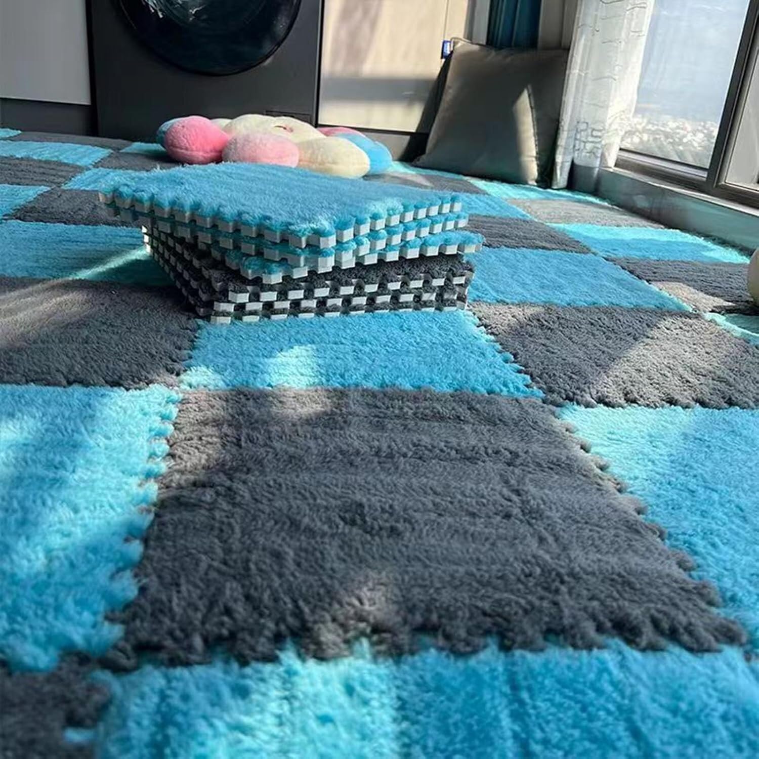 Ensemble de 30 Tapis en Mousse Patchwork Bleu lac/Gris, Tapis Puzzle Doux de 30 x 30 cm avec Une Texture Moelleuse, adaptés aux salles de Jeux pour Enfants, aux gymnases et à Un Usage domest