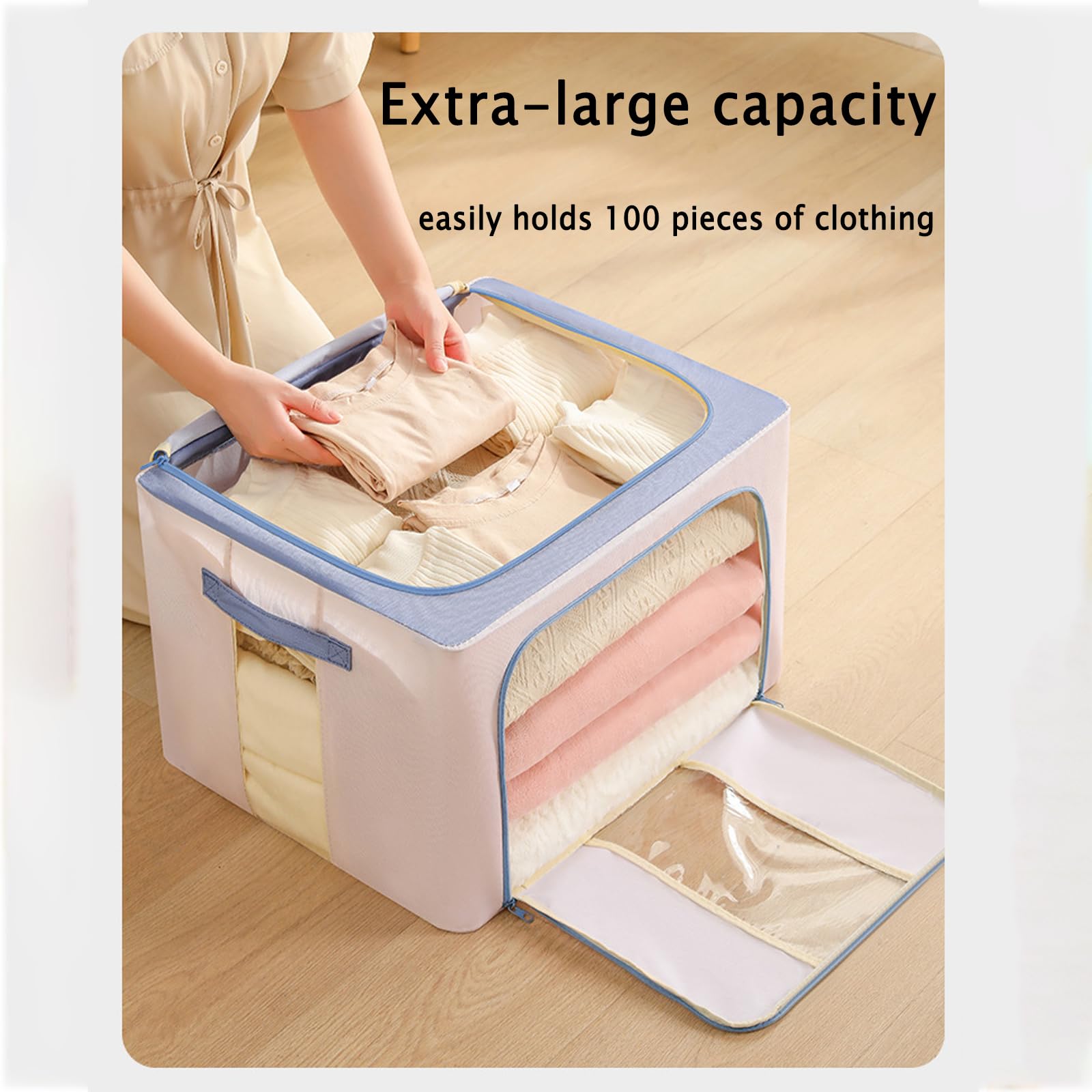 Aufbewahrungsbox mit großem Fassungsvermögen, Faltbare Kleiderbox mit verbreitertem Griff, feuchtigkeitsbeständig und staubdicht, geeignet für Steppdecken, Decken, Bettwäsche (Fensterlos Khaki, 24L)