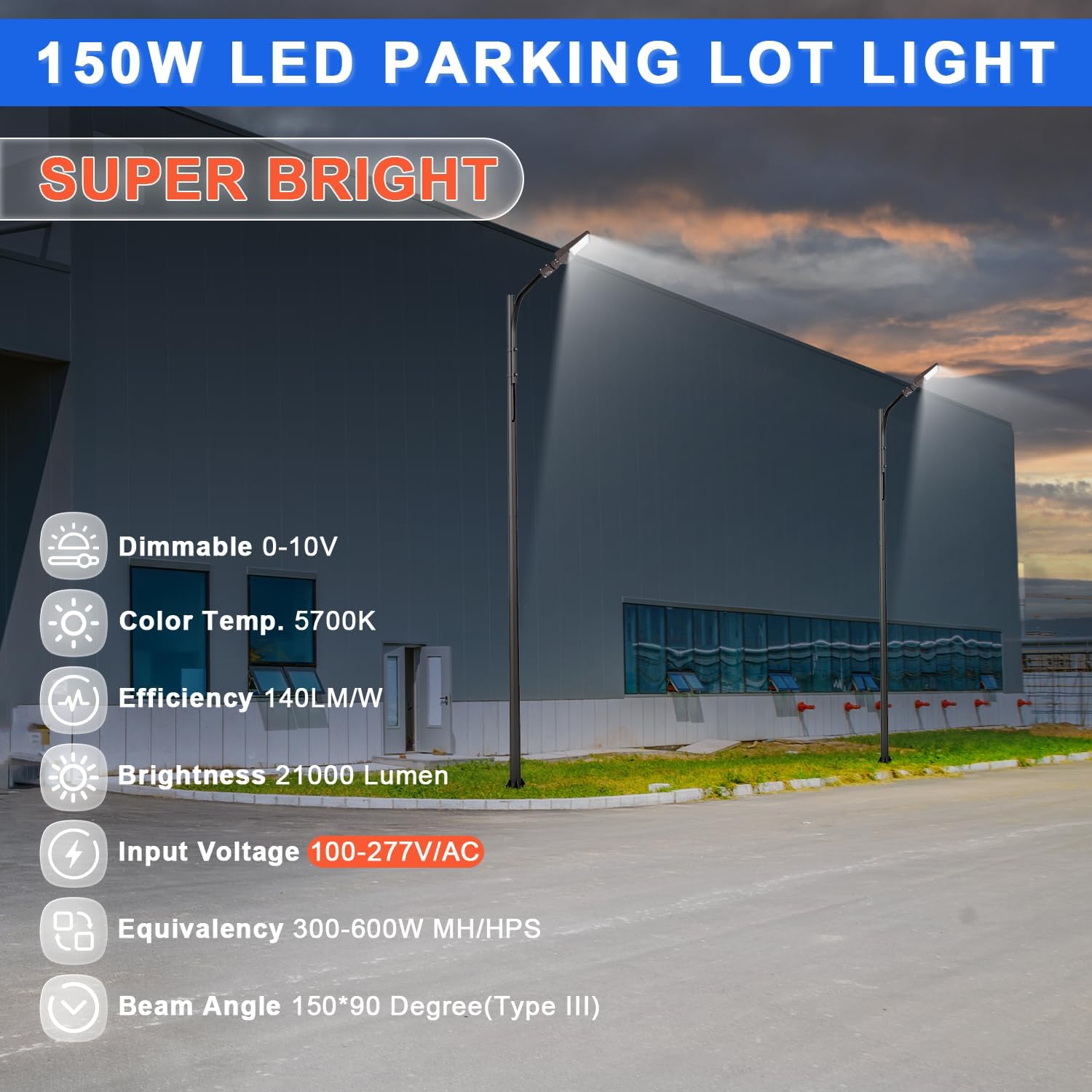 150W LED Parking Lot Light, 5700K 21000LM [Eqv. 500W HPS] LED Shoebox Light with Slip Fitter Mount, Dimmable Outdoor Area Street Lighting, IP65 20KV Surge Protection, AC100-277V UL Listed