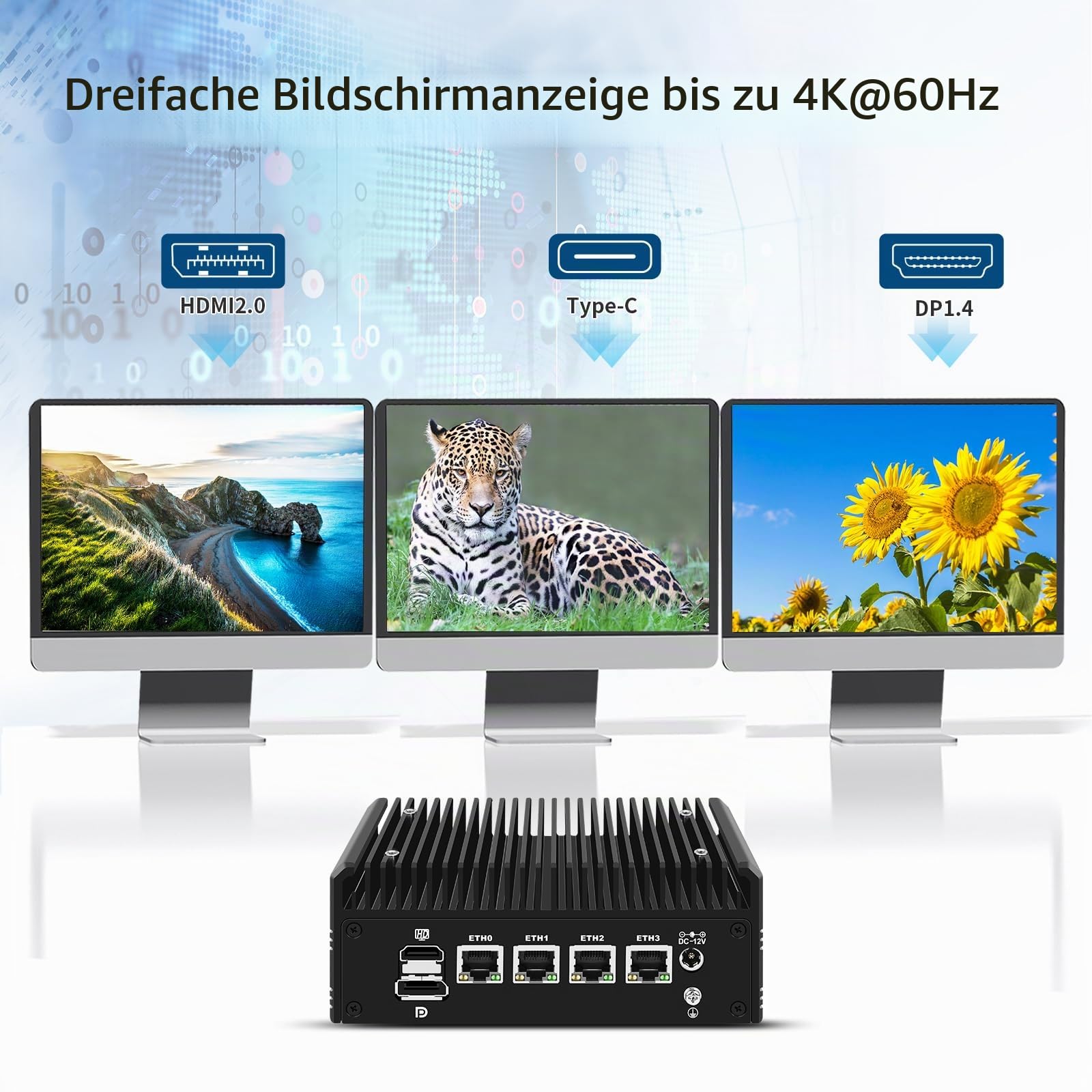 Mini PC AMD Ryzen 5 5500U Firewall Appliance, Fanless Mini Computer 4 Port 2.5GbE i226-V LAN, OPNsense Micro PC Barebone NO RAM/SSD/OS, USB-C, 3-Display, 2-NVMe, 2-SATA, TF