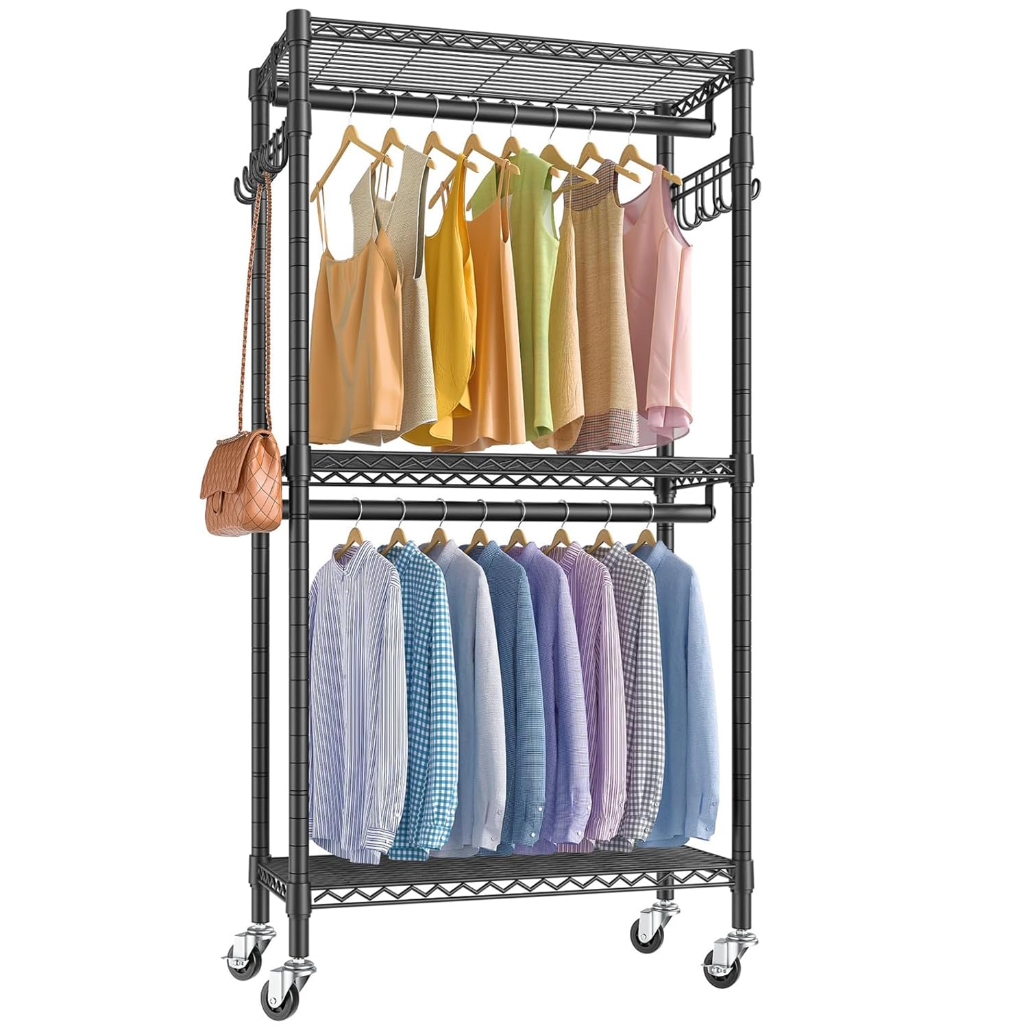 Hicrifth ハンガーラック 頑丈 洋服ラック 大容量 キャスター付き 棚付き 耐荷重200kg クローゼット ワードローブ ２段 洋服掛け 防サビ加工 組み立て簡単 高さ調節 省スペース おしゃれ ハンガーかけ コートハンガー 洋服収納 (幅74×奥行40×高さ195cm ブラック)