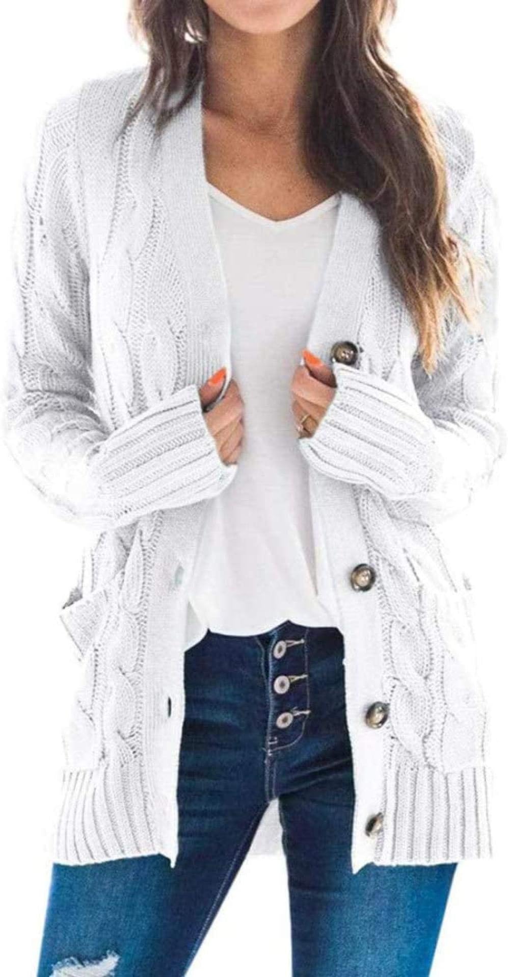 Knitted Sweater Women Autumn Winter Fashion Women Sweater Long Sleeve Button With Pocket Sweater Women Casual Solid Single Knit Cardigan Zhaozb (Color : Bleach, Size : XL)