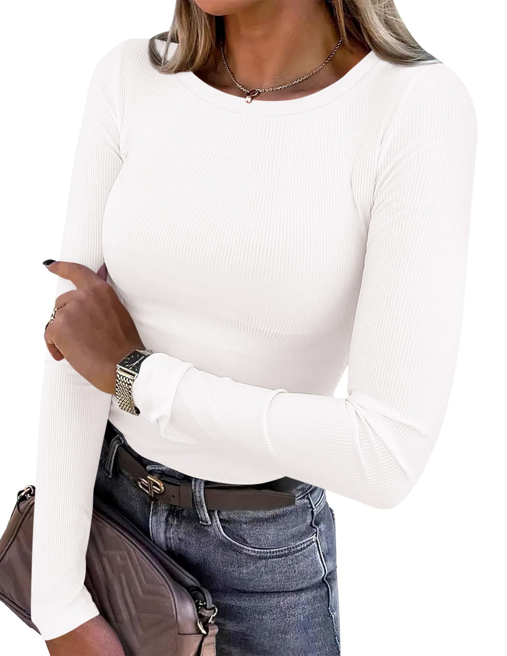 PRETTYGARDEN Women 2025 Fall Long Sleeve Shirts Ribbed Knit Crewneck Fitted Basic Tee Going Out Tops Casual Workout Outfits
