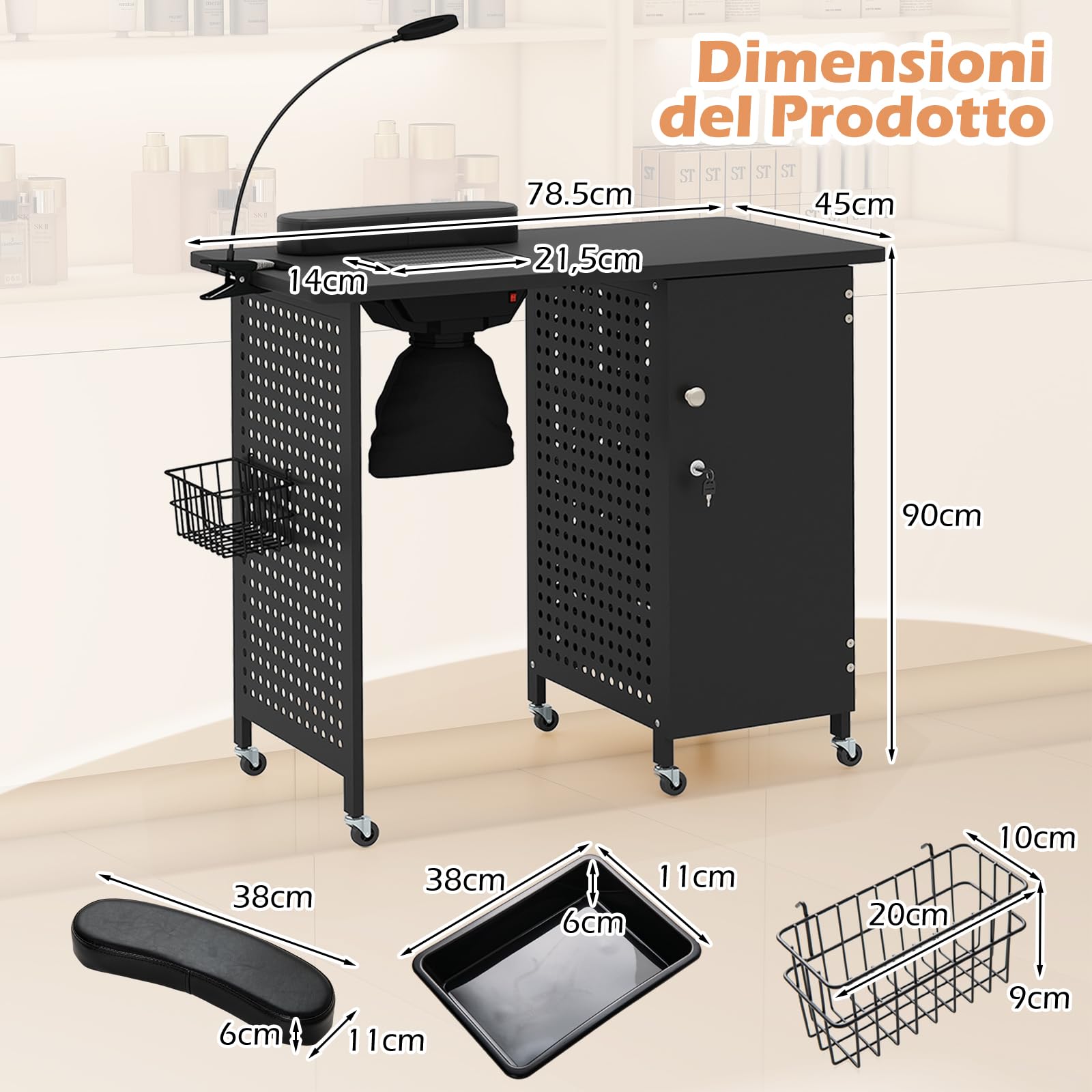 COSTWAY Tavolo Manicure con Aspiratore, Tavolo per Unghie con 6 Ruote Bloccabili, Sacchetti per Polvere, Armadio Chiudibile con 4 Vassoi, Poggiapolsi, Lampada LED e Cestino Metallico, 90x79x45cm