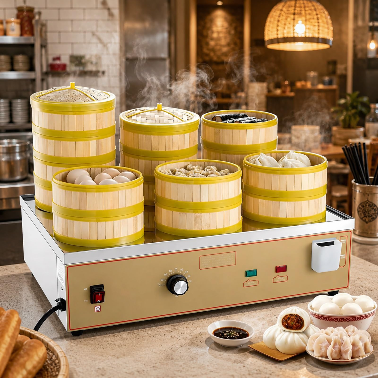 Macchina Elettrica Commerciale per Cottura a Vapore di Panini e Dim Sum | Vaporiera in Acciaio Inox a 2/4/6 Fori con Controllo 30-110°C, Allarme di Mancanza Acqua e Spegnimento Auto(6-Hole)