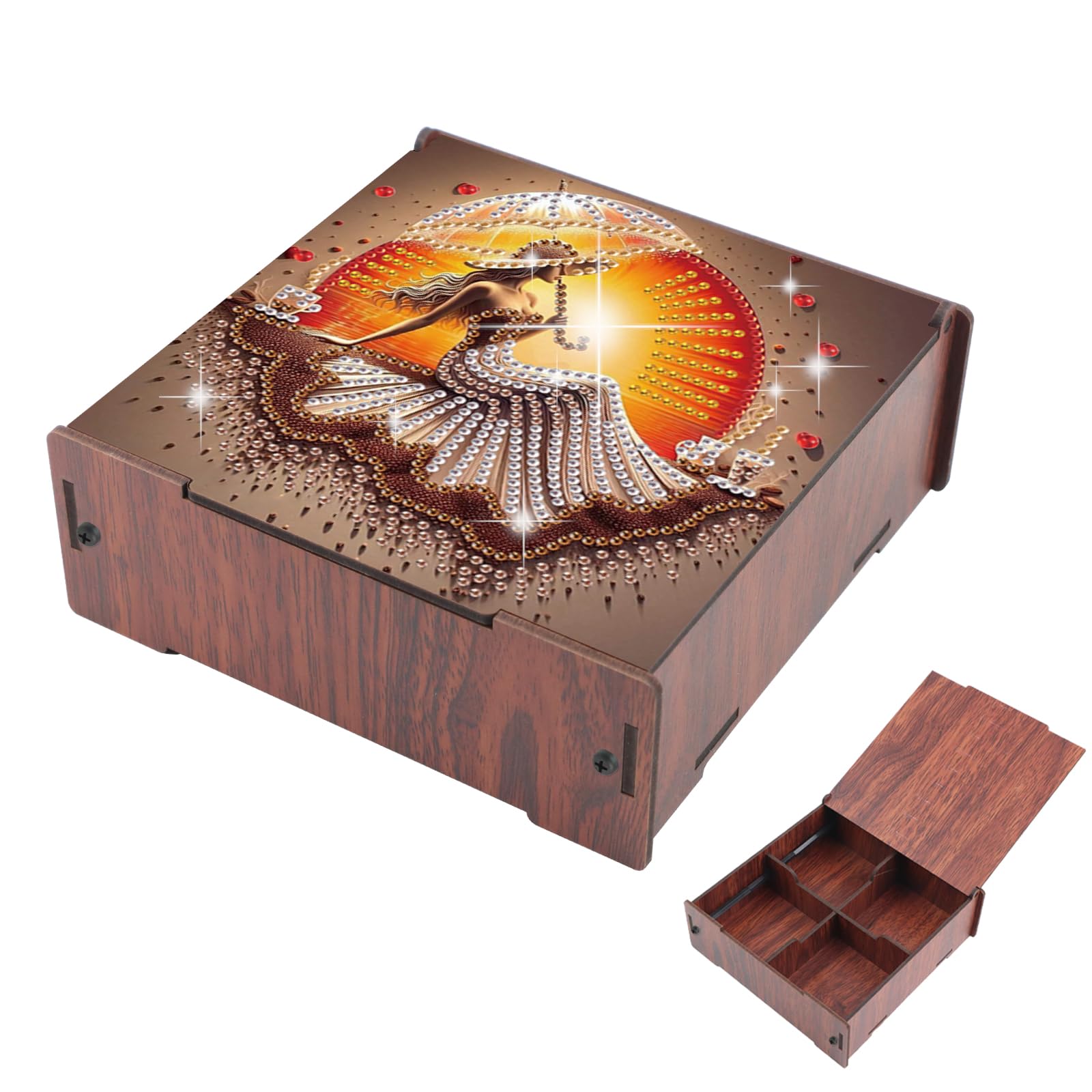 AiYuanzsh DIY Diamond Art Storage Box, Sunset Lady Design Wooden Diamond Painting Case with Flip-Top Lid and 4 Divided Compartments, Desktop Craft, Jewelry and Accessories Supplies Storage Container