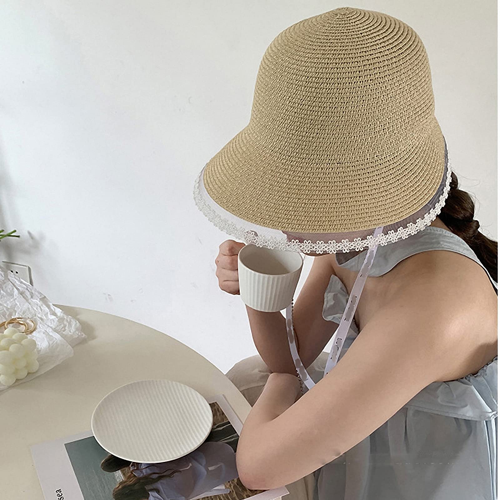 Geflochtener winddichter Strohhut für Damen mit Spitze, dünner, atmungsaktiver Sommer Sonnenhut, modischer eimerhut am Meer, Strandurlaub,Beige,One Size