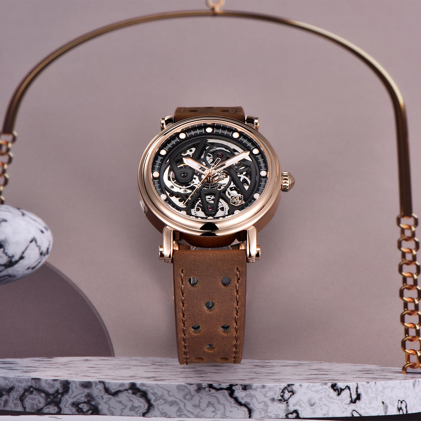 BENYAR Automatic Watches for Men Black Skeleton dial 50M Waterproof Leather Men's Mechanical Watch Elegant Gifts for Men