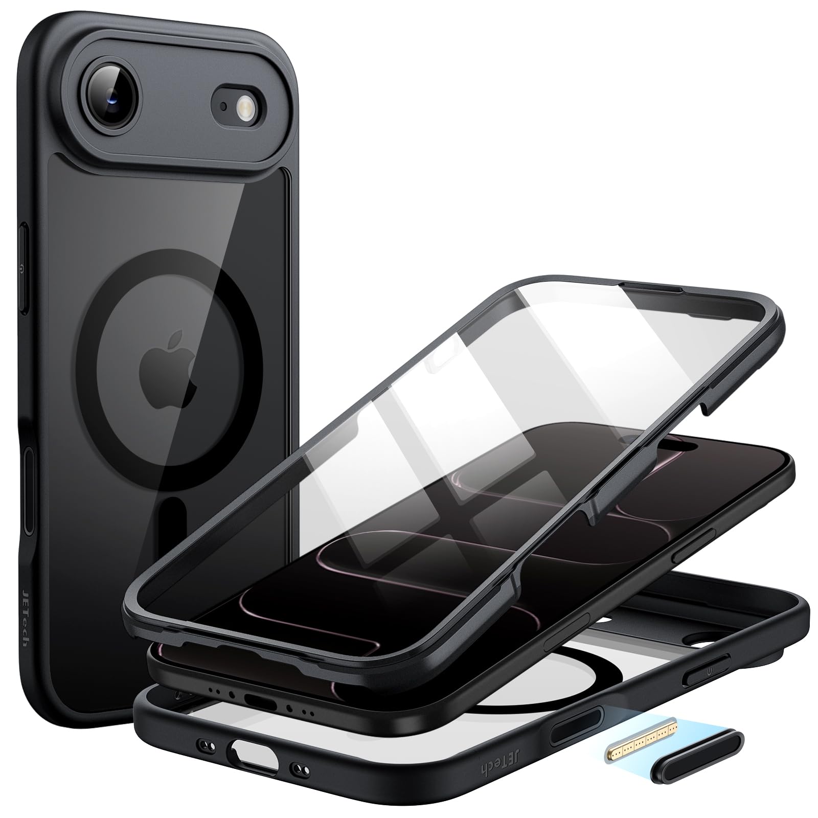 JETech Case for iPhone 17 Air with Built-in Tempered Glass Screen Protector and Camera Control Button, Compatible with MagSafe, 360 Degree Full Body Cover, 6.5-Inch Display (Black) iPhone 17 Air Black