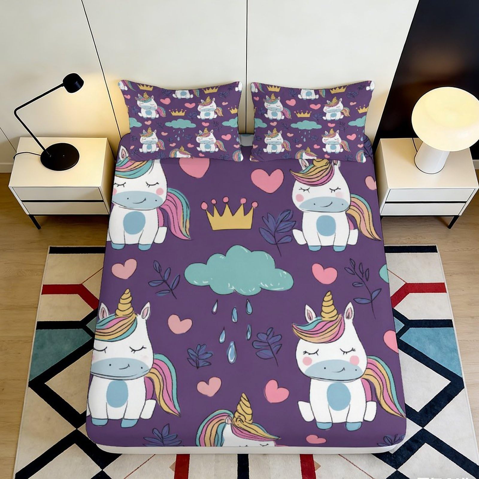Decorative unicorn style fitted sheet, 3D Printed, soft touch microfiber, purple cartoon bed cover, wrinkle resistant, apartment bedding 120x200x25cm