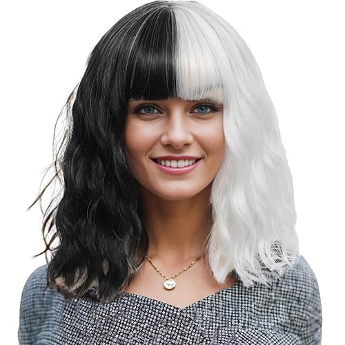 Peluca corta y ondulada estilo Bob, longitud hasta el hombro, pelucas onduladas con flequillo, dos tonos, sintético, medio negro, mitad blanco,