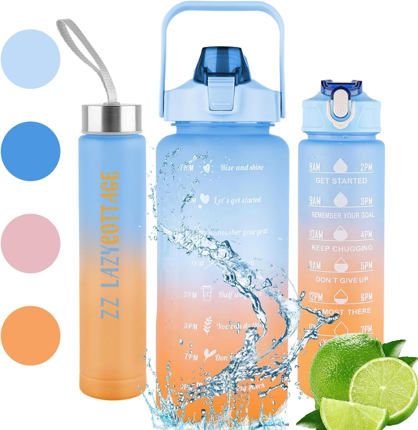 Zz Lazycottage Joejoe 3 Pcs Water Bottles With Straw, 10Oz 32Oz 64Oz Motivational Sport Water Bottles With Time Maker, Bpa Free Leakproof Half Gallon 2L Water Jugs - Polycarbonate, Multicolor