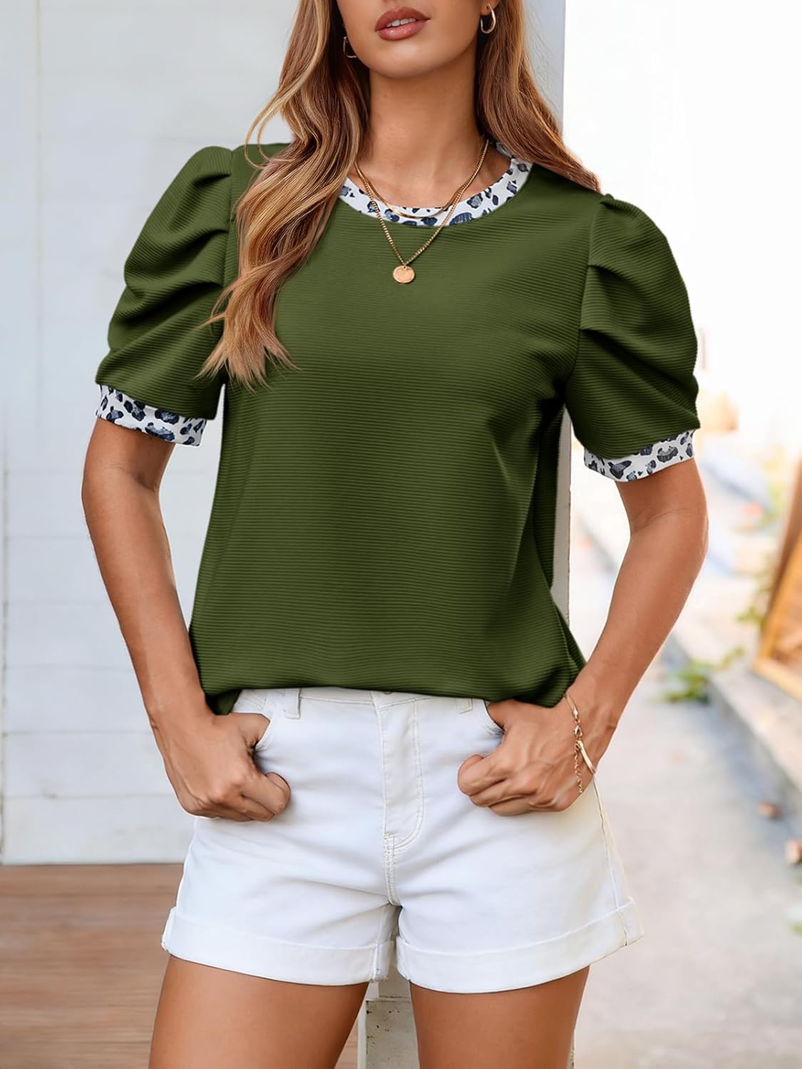 Tankaneo Womens Puff Short Sleeve Tops 2026 Summer Dressy Casual Crew Neck Work Blouses Leopard Loose Fit T Shirt - Image 3