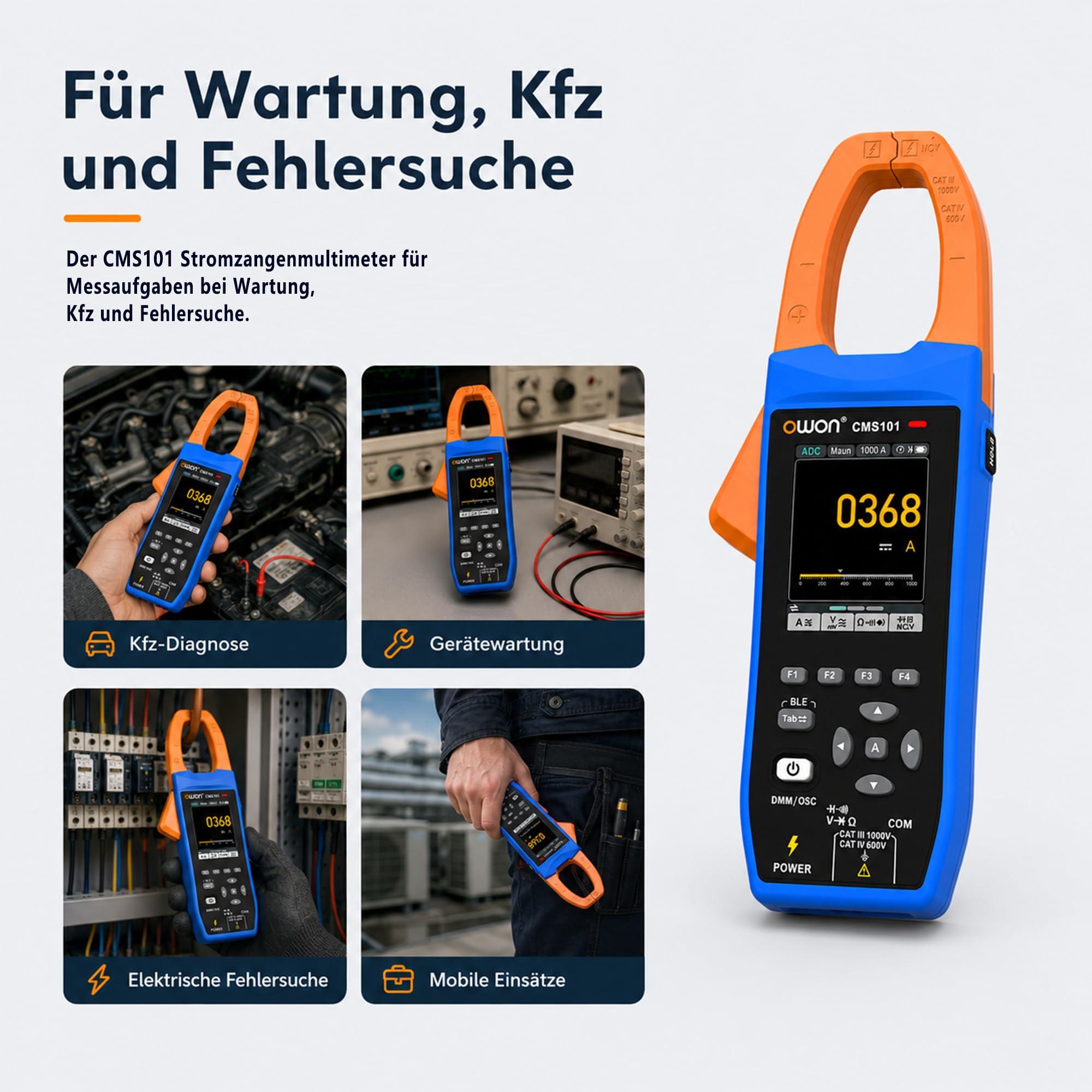 CMS101 3-in-1 AC/DC Stromzange mit Oszilloskop, True RMS, 1000A/1000V, 5MSa/s Wellenformanzeige, Bluetooth-Logging, Einschaltstrom, 20.000 Zählwerte, wiederaufladbar für Elektro-, HLK- und Kfz-Diagnos