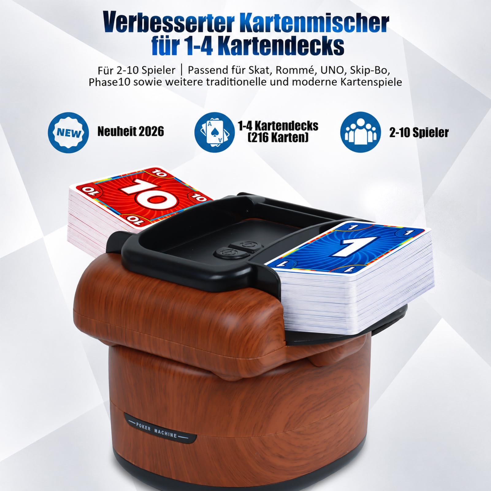 Miscelatore elettrico per 1-4 mazzi, mixer per carte ricaricabile tramite USB, batteria da 2600 mAh, modalità automatica e manuale, dispositivo di miscelazione per carte da poker, UNO, Skip BO