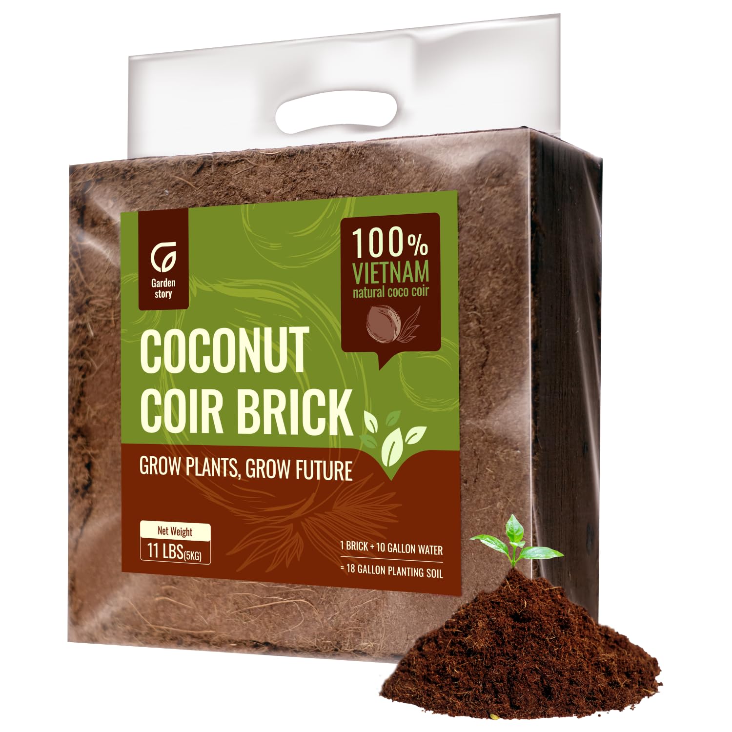 11LBS Coco Coir Brick for Plants, Low EC & Balanced pH, Potting Mix, Coconut Fiber Substrate, Coco Coir in Bulk (18 Gallons Expansion)