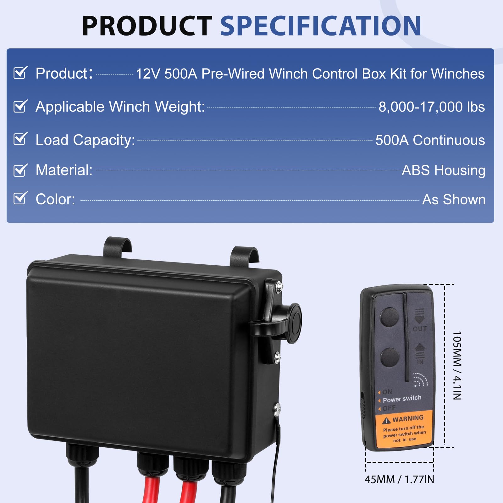 12 V 500 A, wstępnie okablowana skrzynka sterująca do wciągarek, 3,628.7 kg-7,711.1 kg, bez drutu i pilot zdalnego sterowania, kontroler ręczny, kable rozruchowe, ATV/UTV/SUV ulepszenie wciągarki